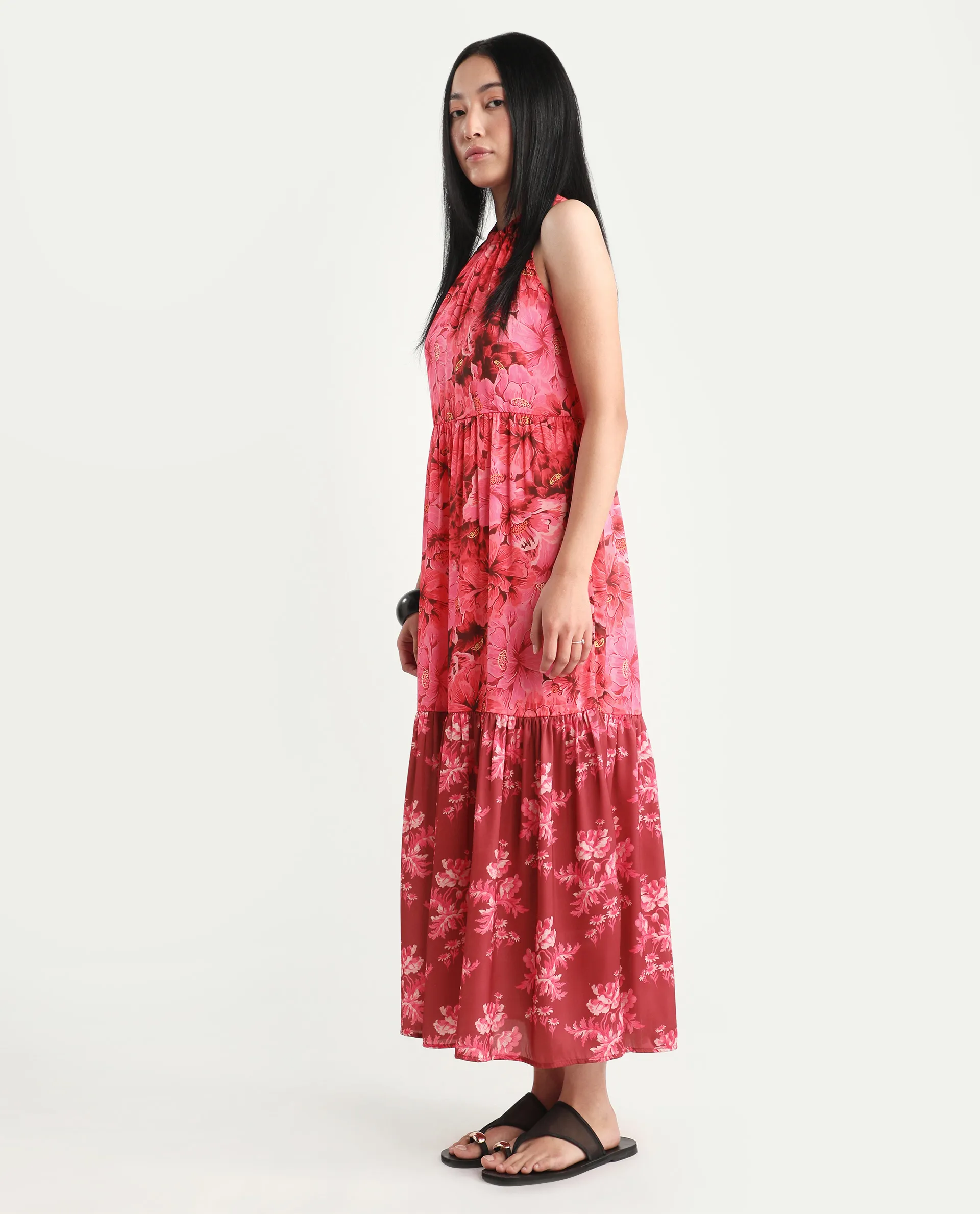 Rareism Women's Amilio Maroon Polyester Halter Neck Floral Print Sleeveless Maxi Regular Fit Dress - Image 5