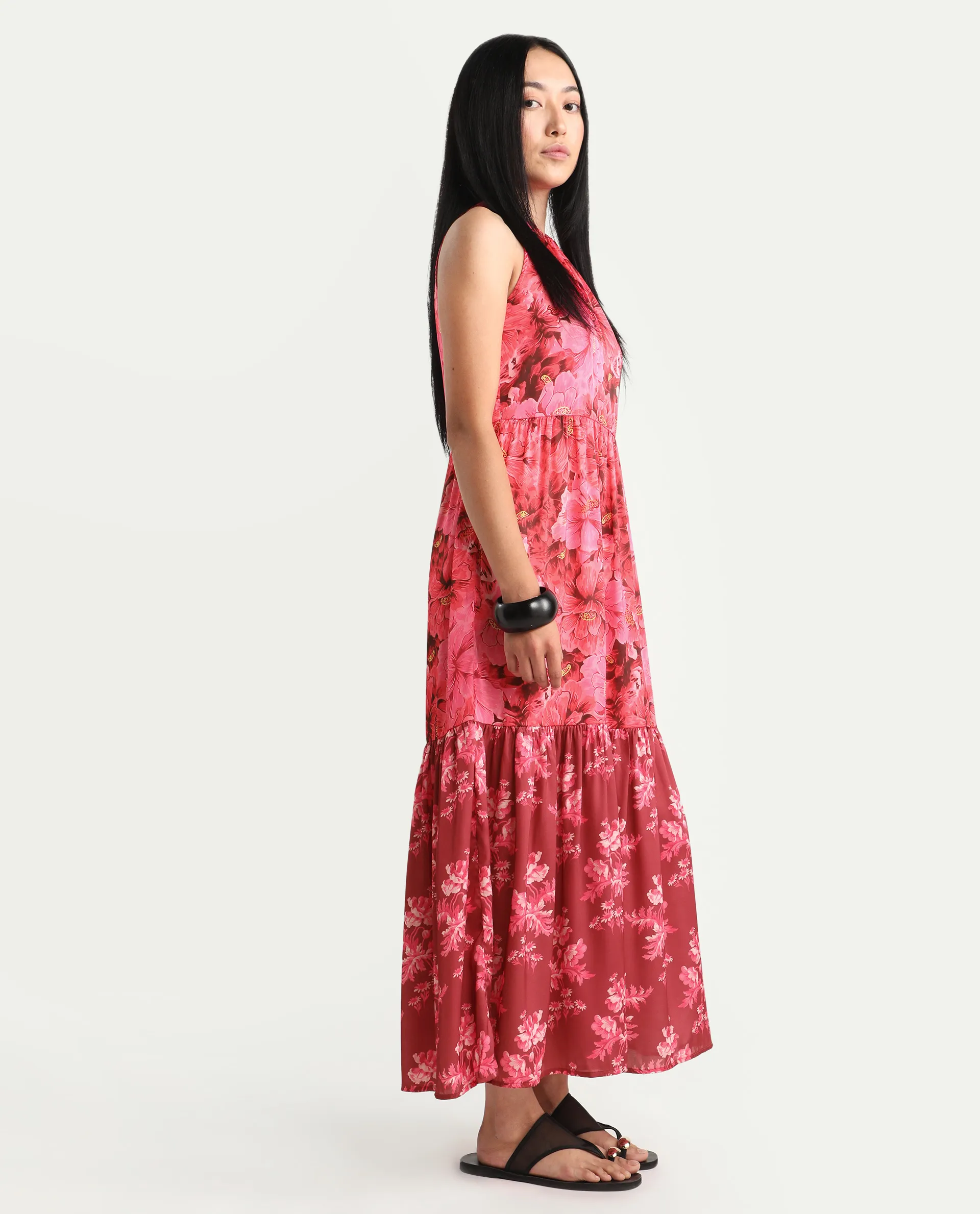Rareism Women's Amilio Maroon Polyester Halter Neck Floral Print Sleeveless Maxi Regular Fit Dress - Image 6