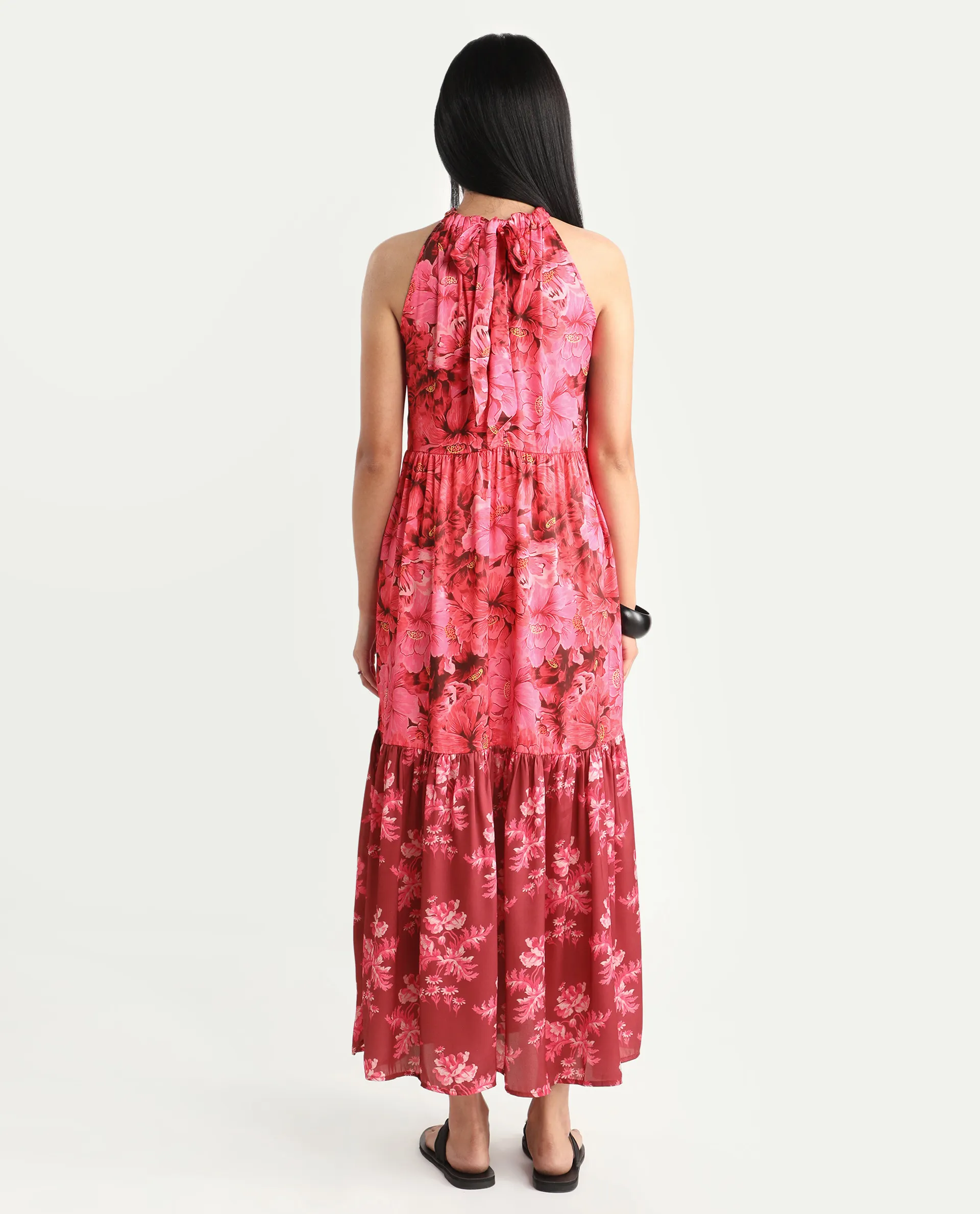 Rareism Women's Amilio Maroon Polyester Halter Neck Floral Print Sleeveless Maxi Regular Fit Dress - Image 7