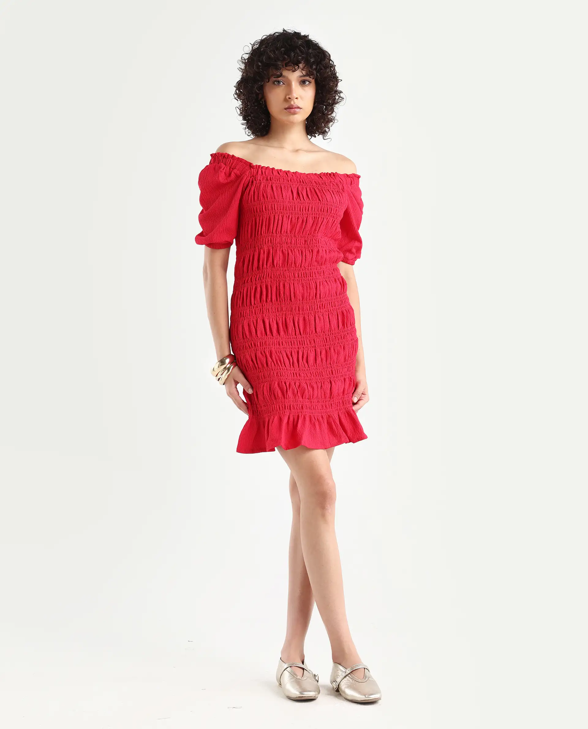 Rareism Women's Ammo Red Viscose Square Neck Plain Puff Sleeves Knee Length Regular Fit Dress - Image 2