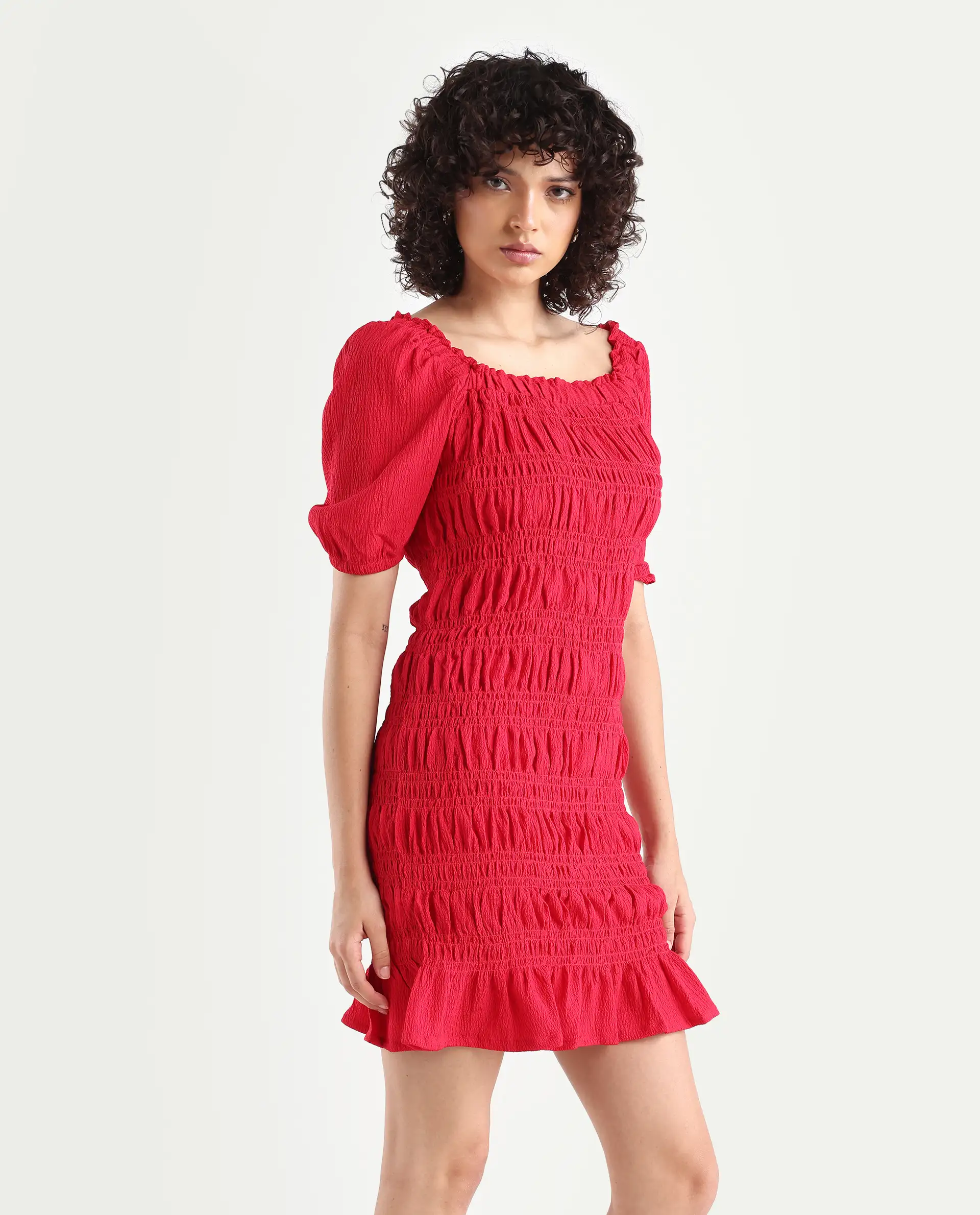 Rareism Women's Ammo Red Viscose Square Neck Plain Puff Sleeves Knee Length Regular Fit Dress - Image 3
