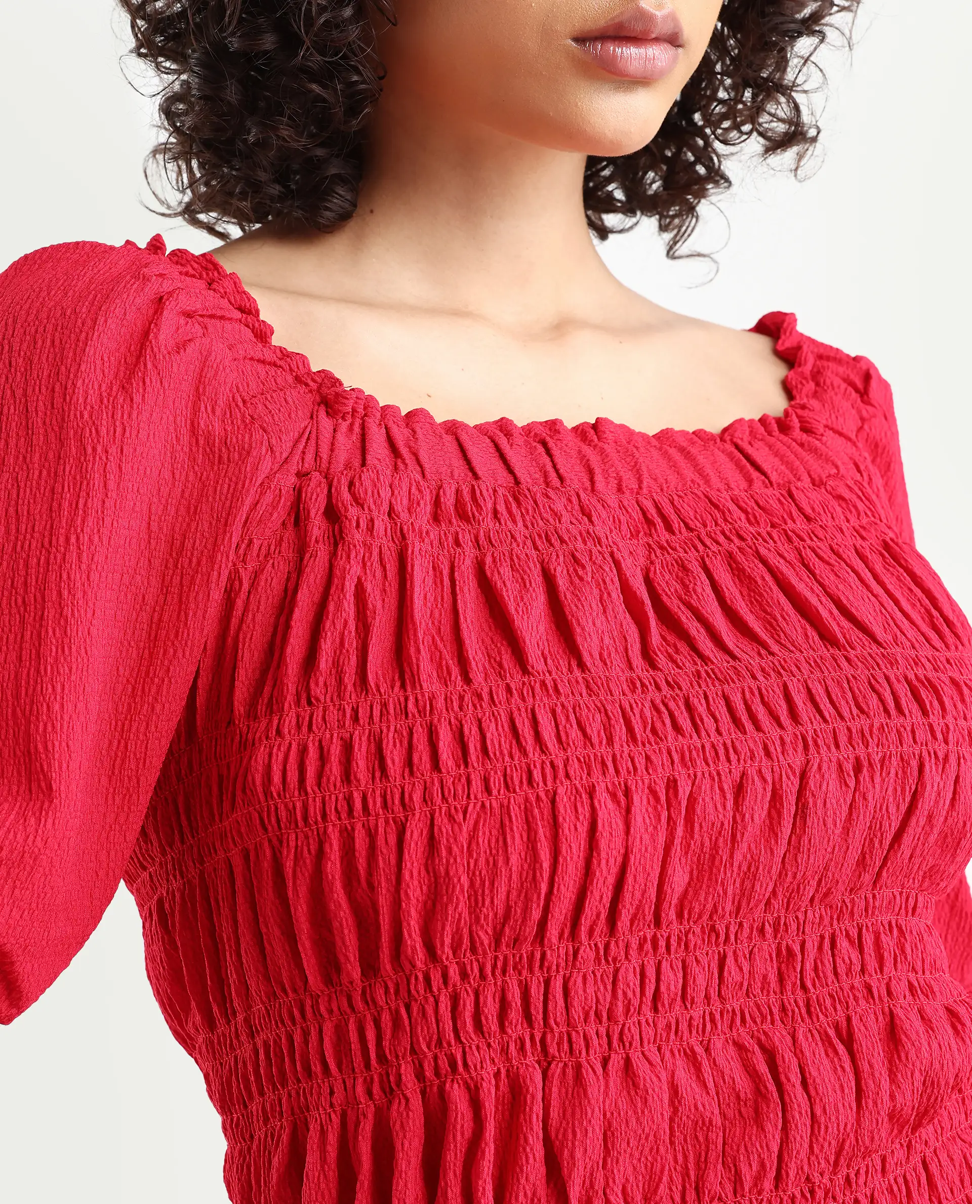 Rareism Women's Ammo Red Viscose Square Neck Plain Puff Sleeves Knee Length Regular Fit Dress - Image 4