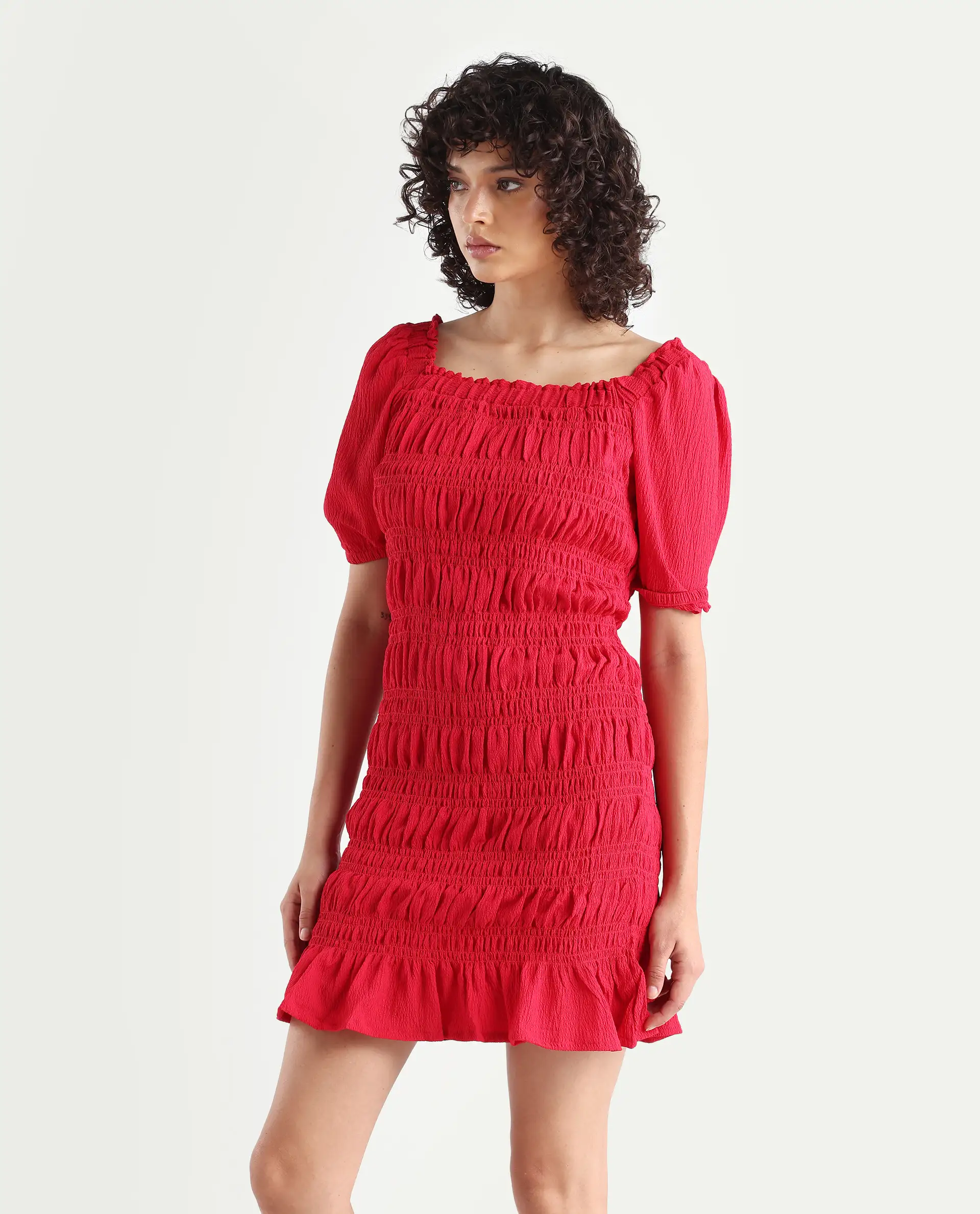 Rareism Women's Ammo Red Viscose Square Neck Plain Puff Sleeves Knee Length Regular Fit Dress - Image 5