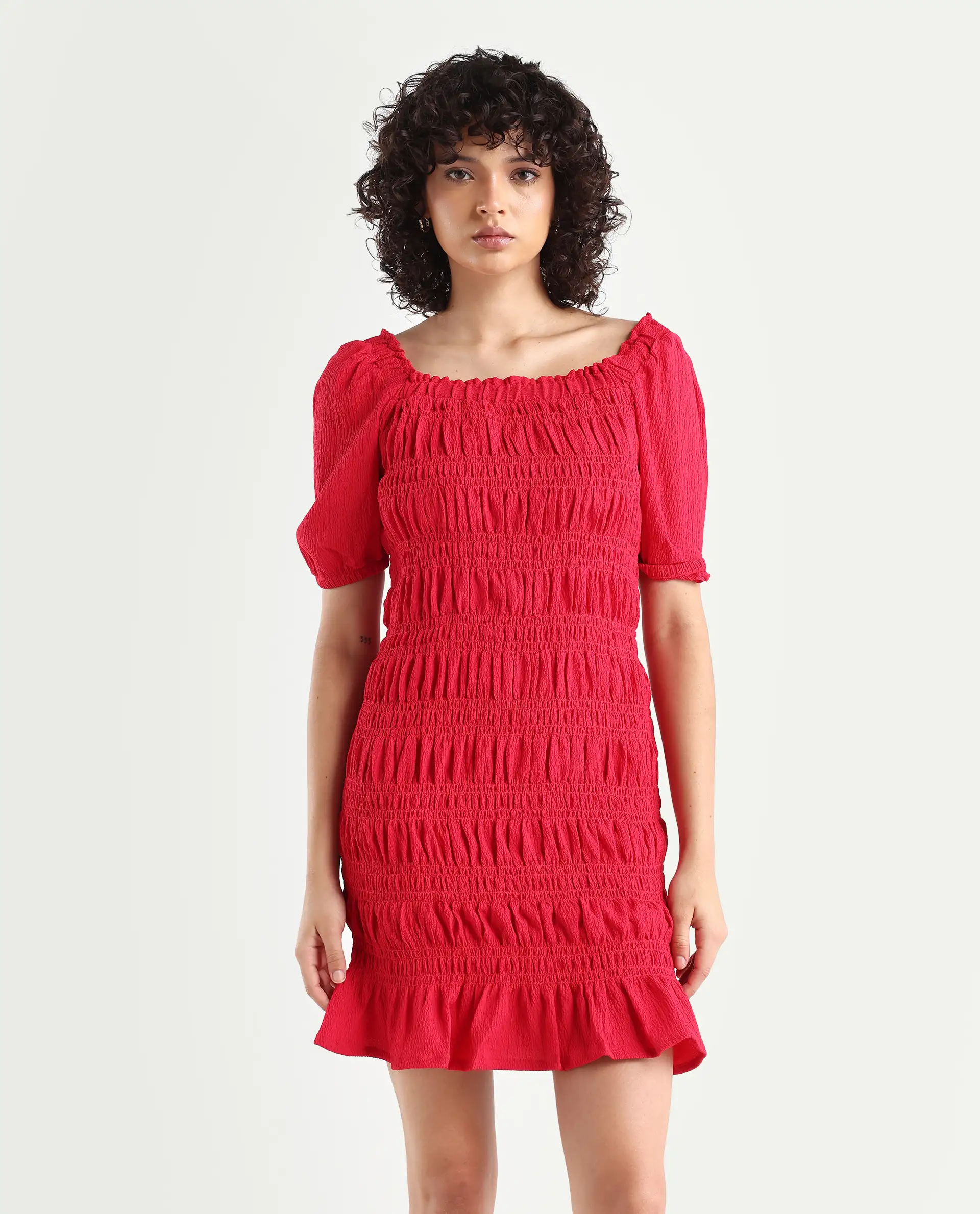 Rareism Women's Ammo Red Viscose Square Neck Plain Puff Sleeves Knee Length Regular Fit Dress - Image 6