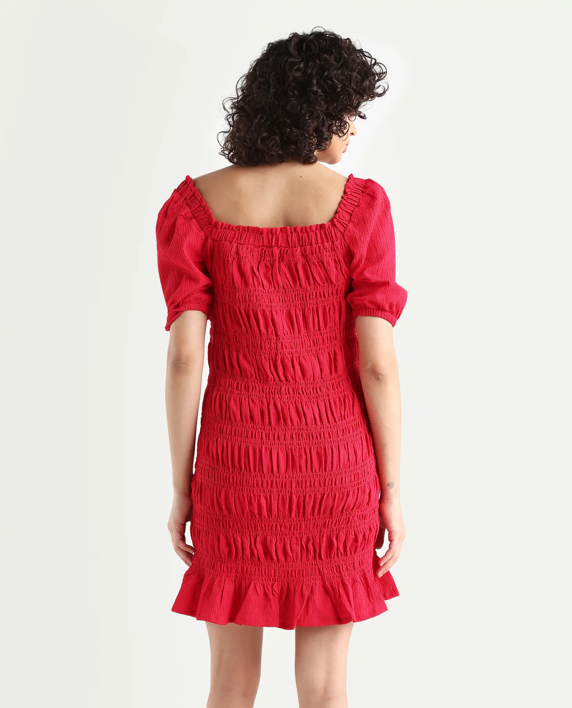 Rareism Women's Ammo Red Viscose Square Neck Plain Puff Sleeves Knee Length Regular Fit Dress - Image 7