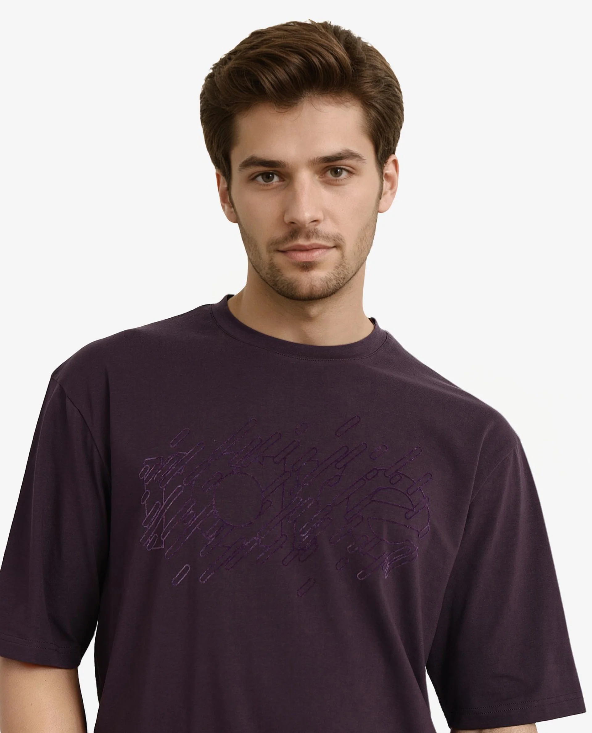 Rare Rabbit Men's Ammon Dark Purple Cotton Graphic Print Oversized Fit Half Sleeve Crew Neck T-Shirt - Image 2