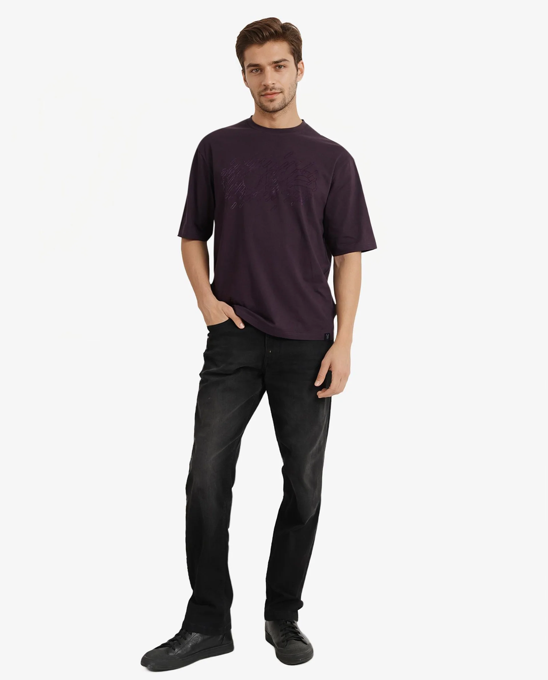 Rare Rabbit Men's Ammon Dark Purple Cotton Graphic Print Oversized Fit Half Sleeve Crew Neck T-Shirt - Image 3