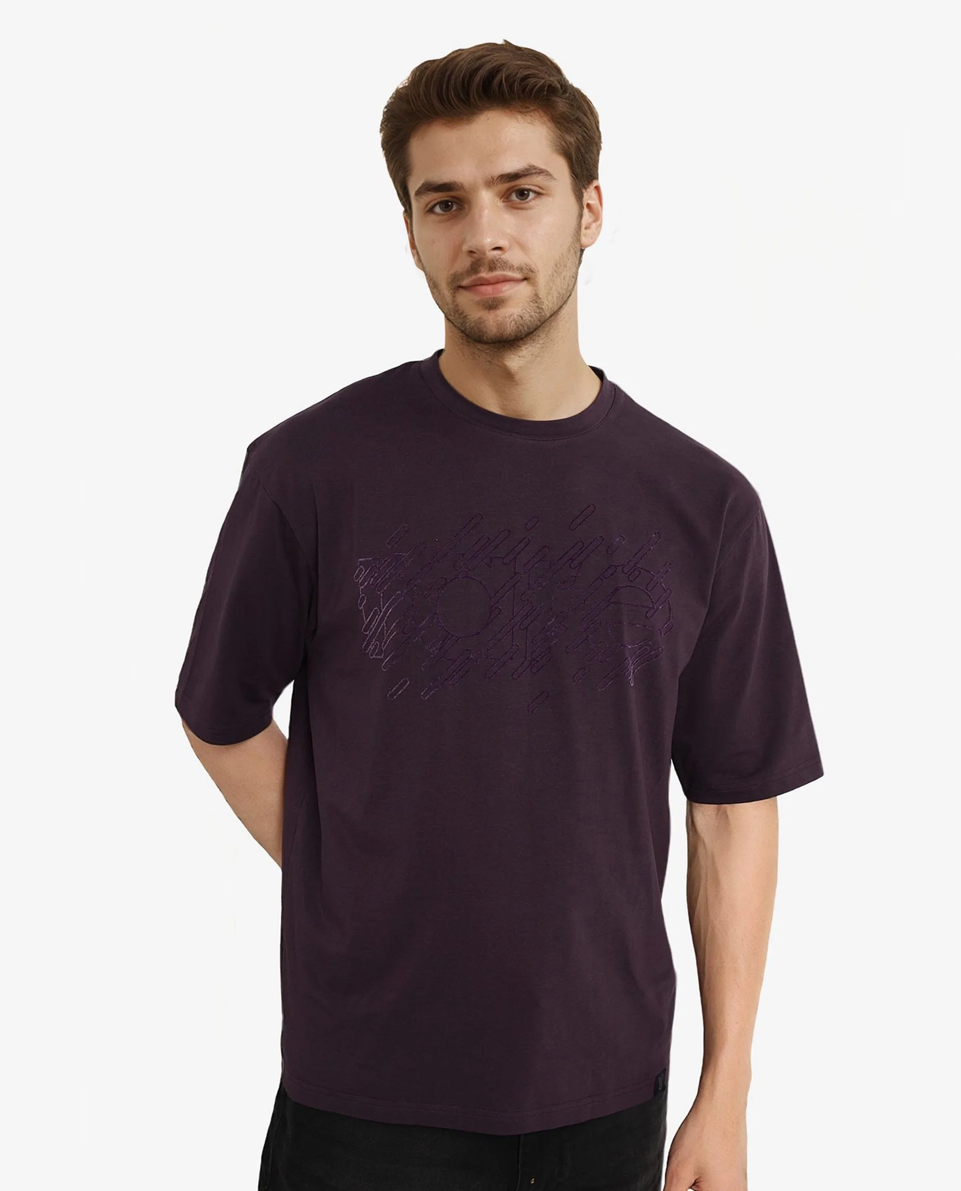 Rare Rabbit Men's Ammon Dark Purple Cotton Graphic Print Oversized Fit Half Sleeve Crew Neck T-Shirt - Image 5
