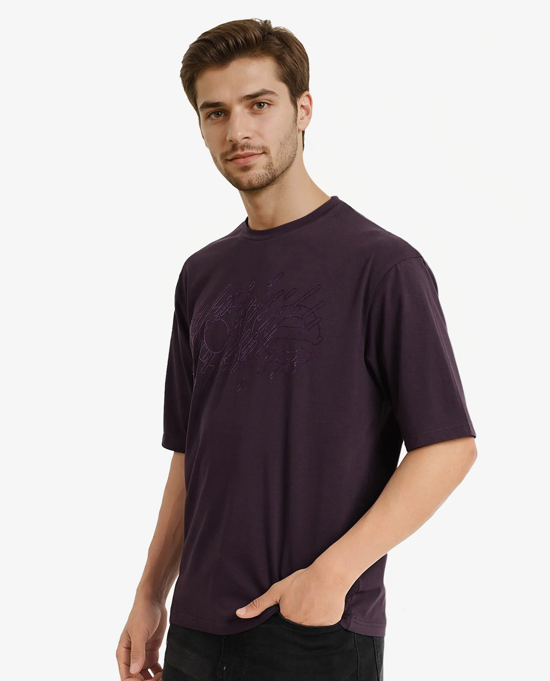 Rare Rabbit Men's Ammon Dark Purple Cotton Graphic Print Oversized Fit Half Sleeve Crew Neck T-Shirt - Image 6