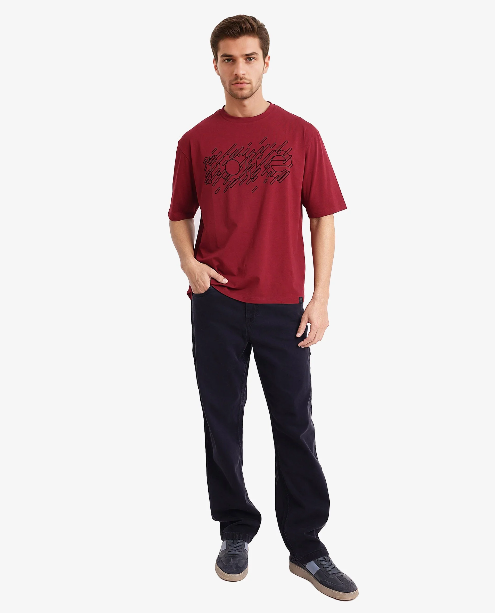 Rare Rabbit Men's Ammon Red Cotton Graphic Print Oversized Fit Half Sleeve Crew Neck T-Shirt - Image 2