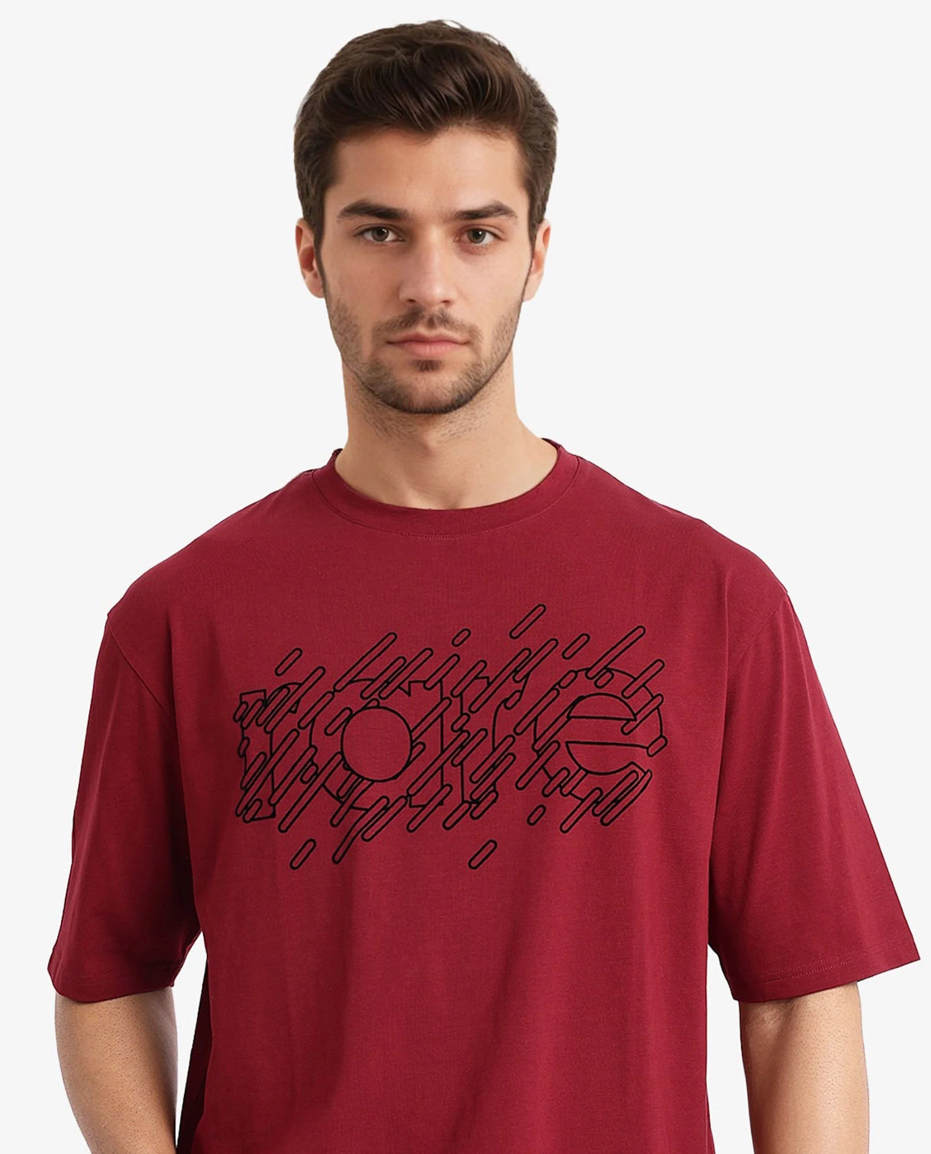 Rare Rabbit Men's Ammon Red Cotton Graphic Print Oversized Fit Half Sleeve Crew Neck T-Shirt - Image 3