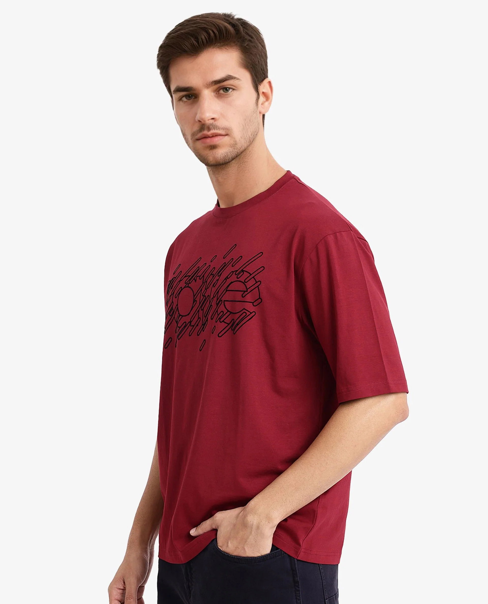 Rare Rabbit Men's Ammon Red Cotton Graphic Print Oversized Fit Half Sleeve Crew Neck T-Shirt - Image 4