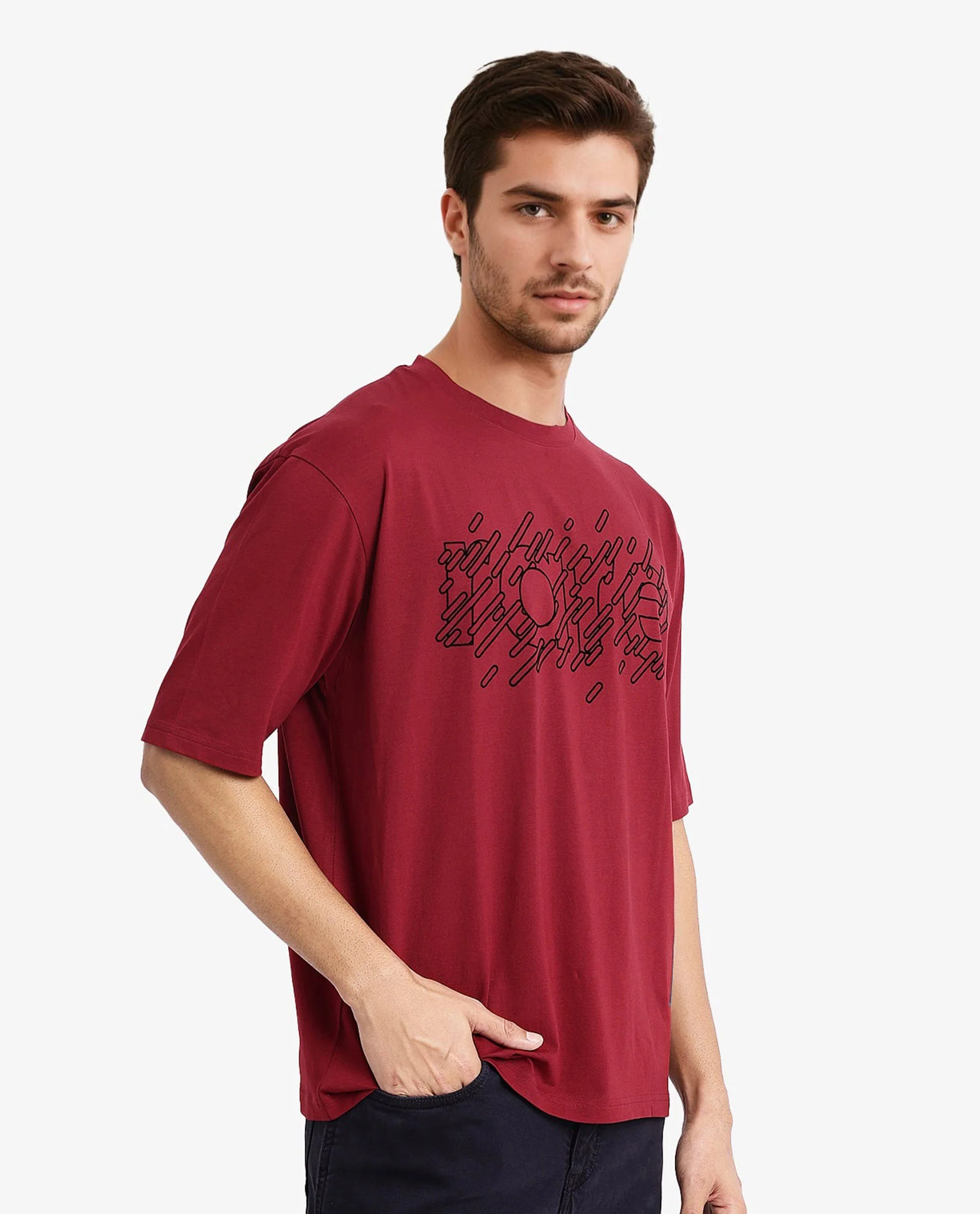 Rare Rabbit Men's Ammon Red Cotton Graphic Print Oversized Fit Half Sleeve Crew Neck T-Shirt - Image 7