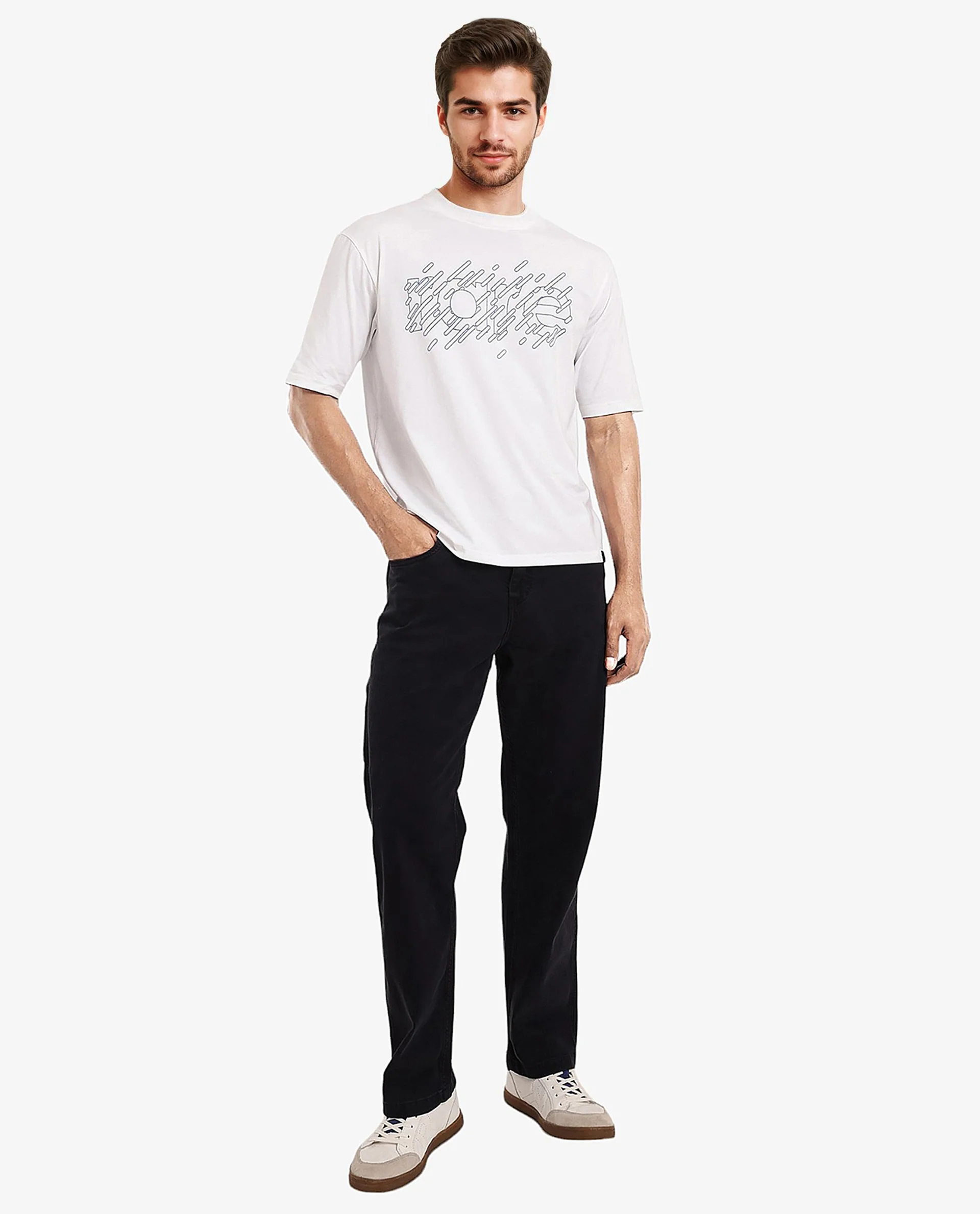 Rare Rabbit Men's Ammon Dark White Cotton Graphic Print Oversized Fit Half Sleeve Crew Neck T-Shirt - Image 2