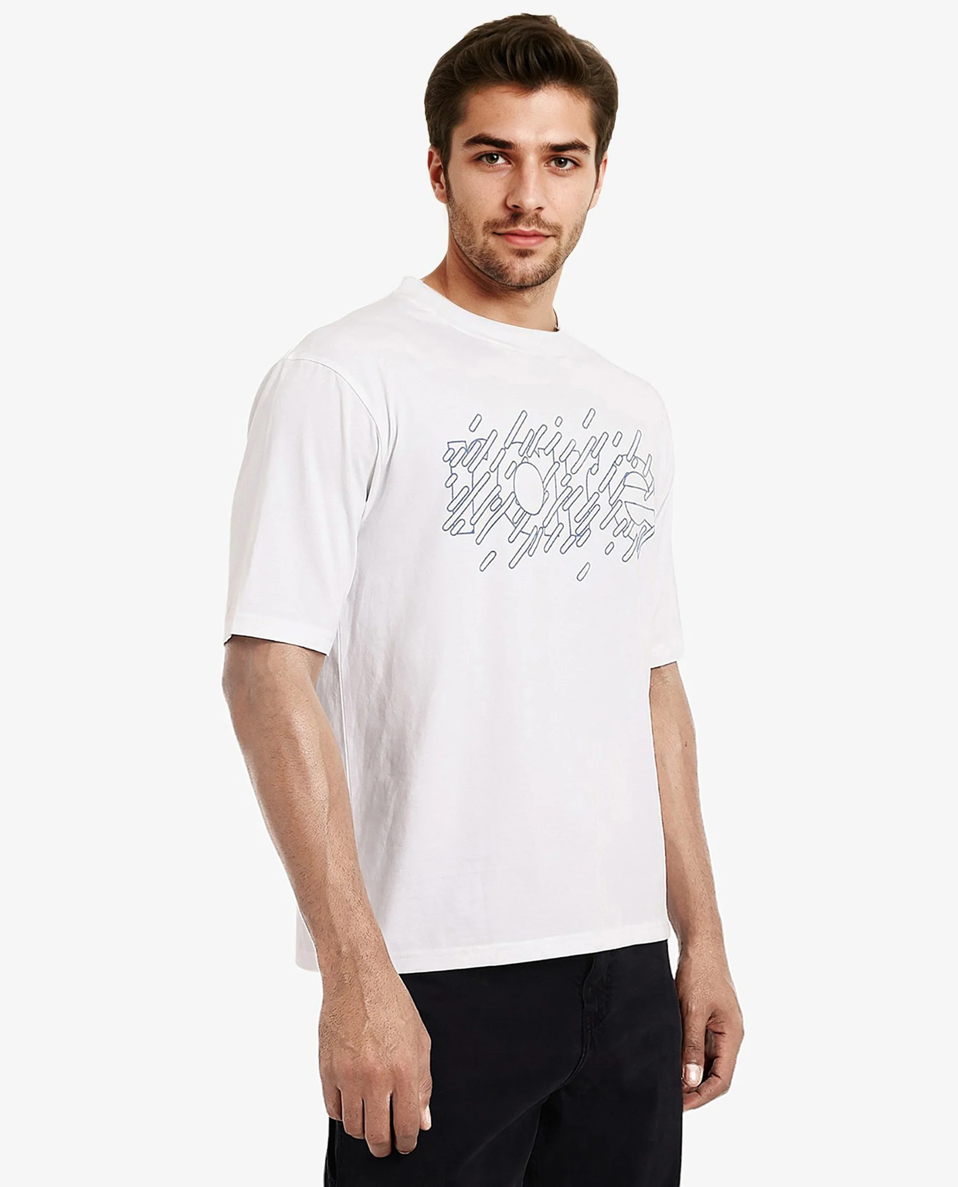Rare Rabbit Men's Ammon Dark White Cotton Graphic Print Oversized Fit Half Sleeve Crew Neck T-Shirt - Image 3