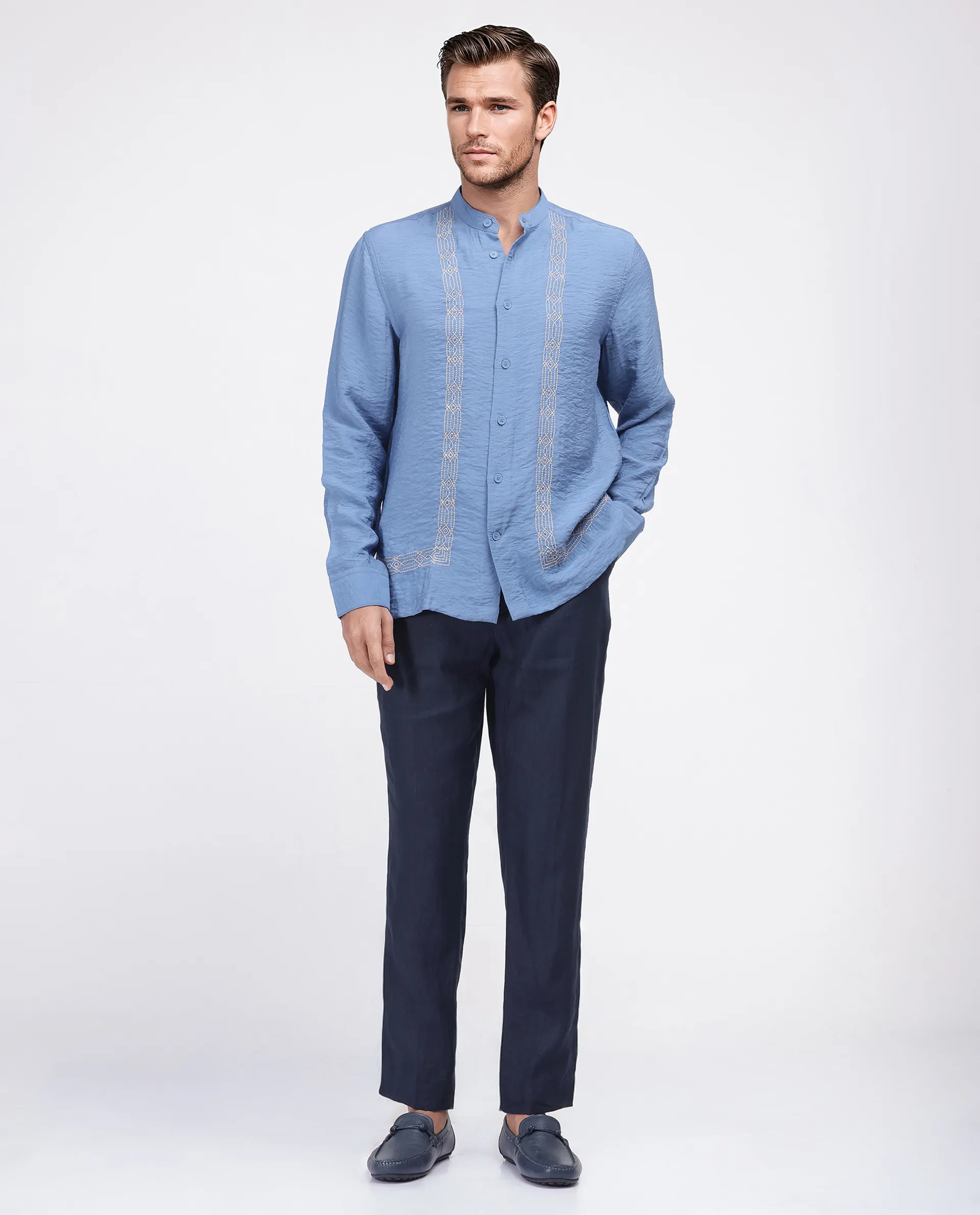 Rare Rabbit Men's Amos-Emb Blue Viscose Blend Embroidered Regular Fit Full Sleeve Collared Shirt - Image 2