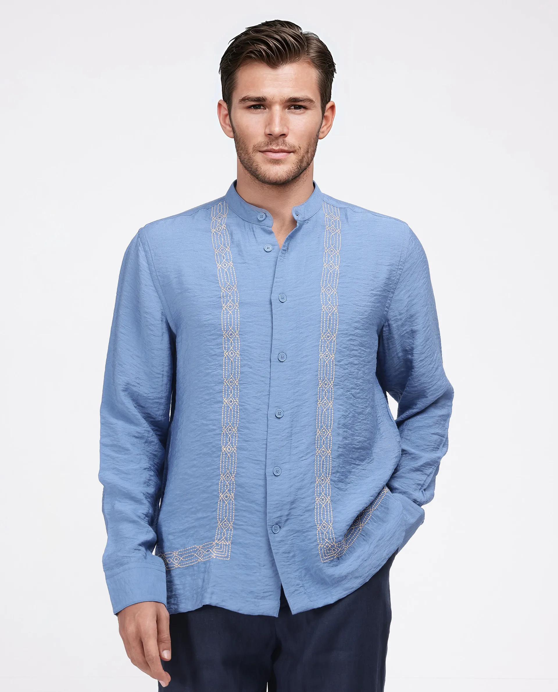 Rare Rabbit Men's Amos-Emb Blue Viscose Blend Embroidered Regular Fit Full Sleeve Collared Shirt - Image 3