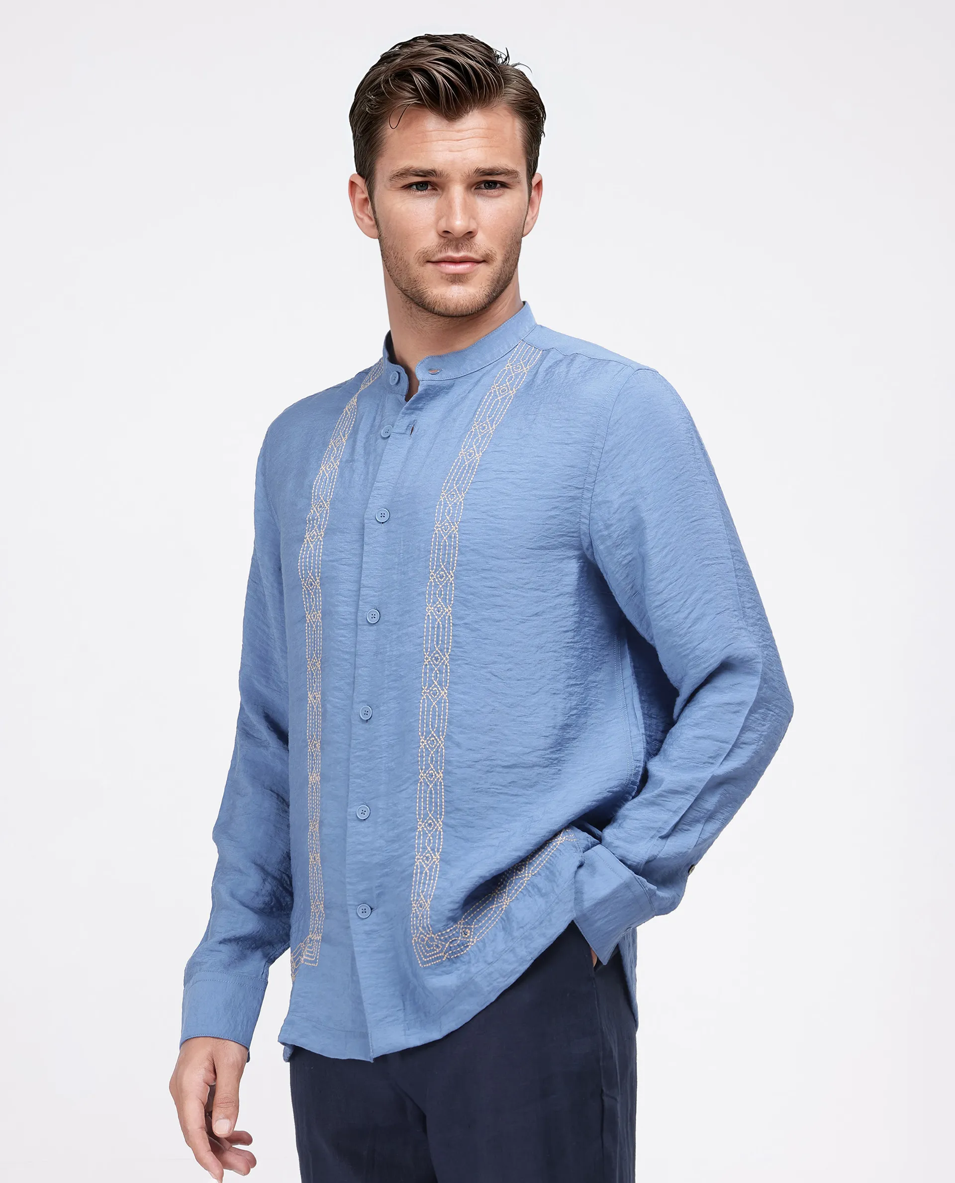 Rare Rabbit Men's Amos-Emb Blue Viscose Blend Embroidered Regular Fit Full Sleeve Collared Shirt - Image 4