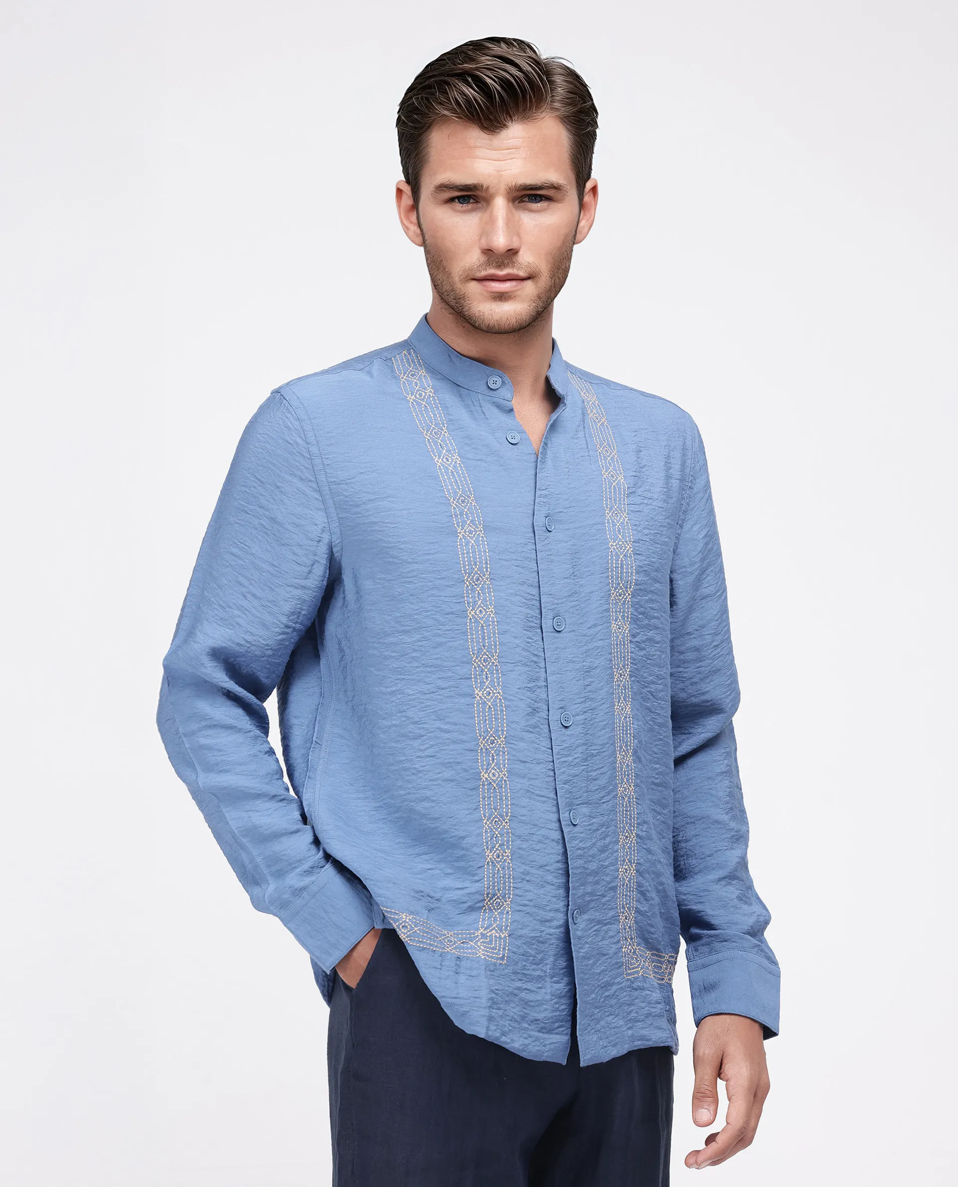 Rare Rabbit Men's Amos-Emb Blue Viscose Blend Embroidered Regular Fit Full Sleeve Collared Shirt - Image 5