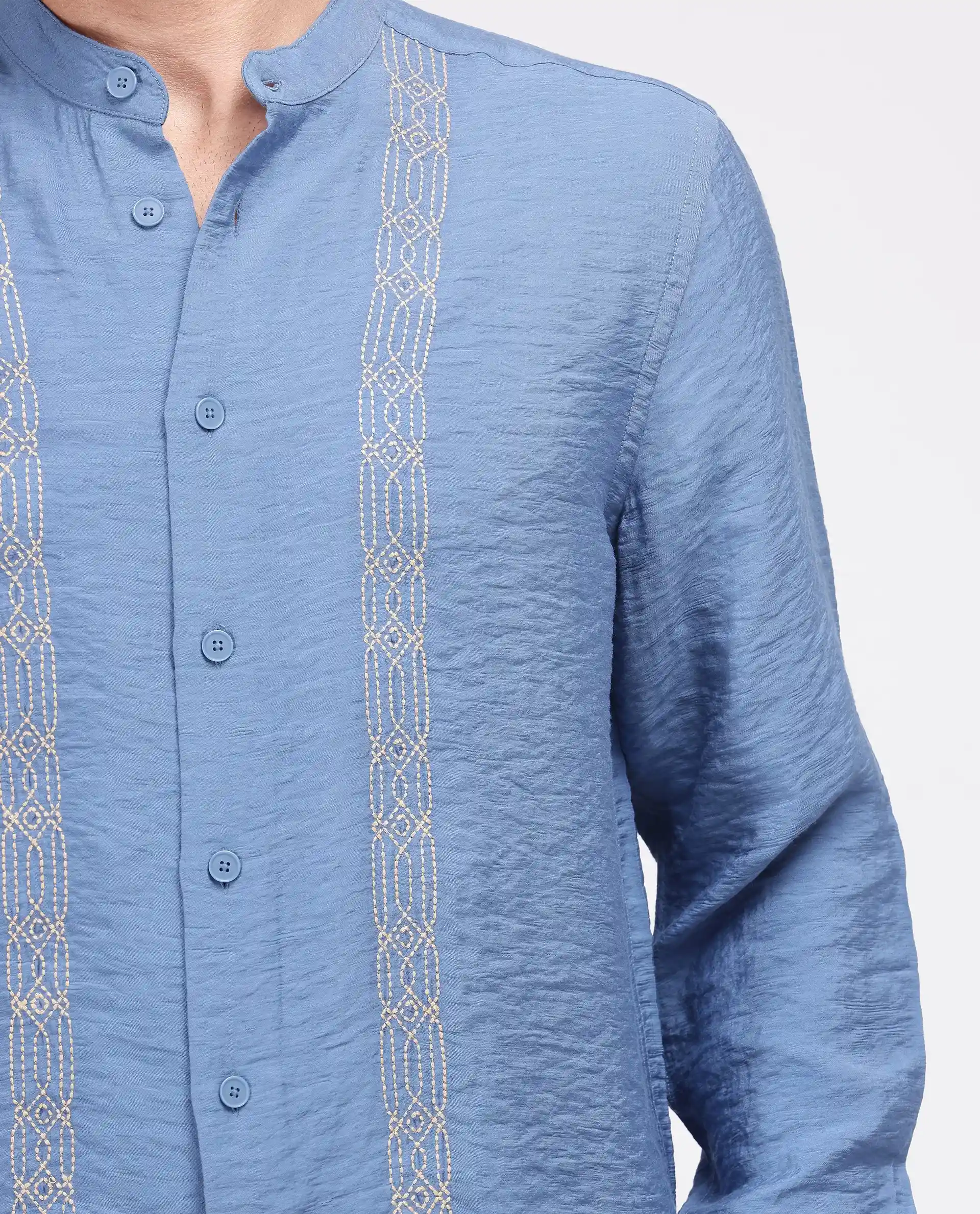 Rare Rabbit Men's Amos-Emb Blue Viscose Blend Embroidered Regular Fit Full Sleeve Collared Shirt - Image 7