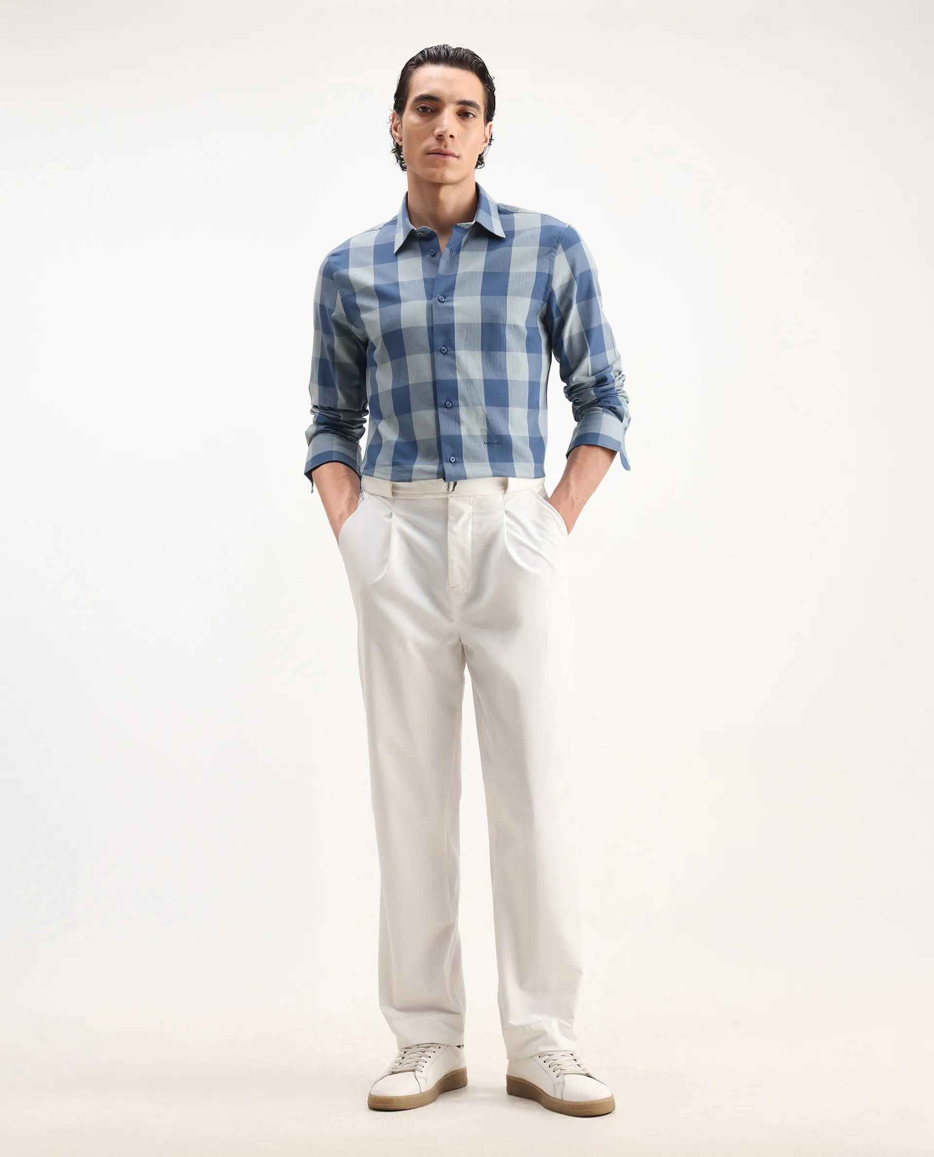 Rare Rabbit Men's Amos Blue Cotton Checked Print Regular Fit Full Sleeve Collared Shirt - Image 2