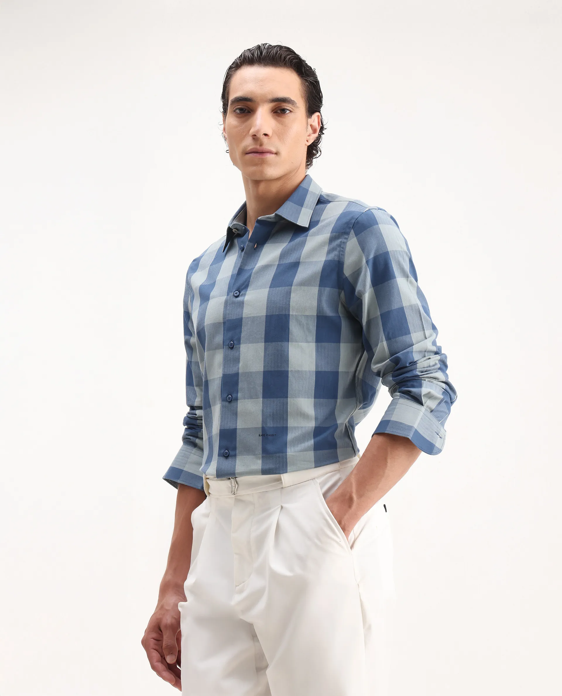 Rare Rabbit Men's Amos Blue Cotton Checked Print Regular Fit Full Sleeve Collared Shirt - Image 3