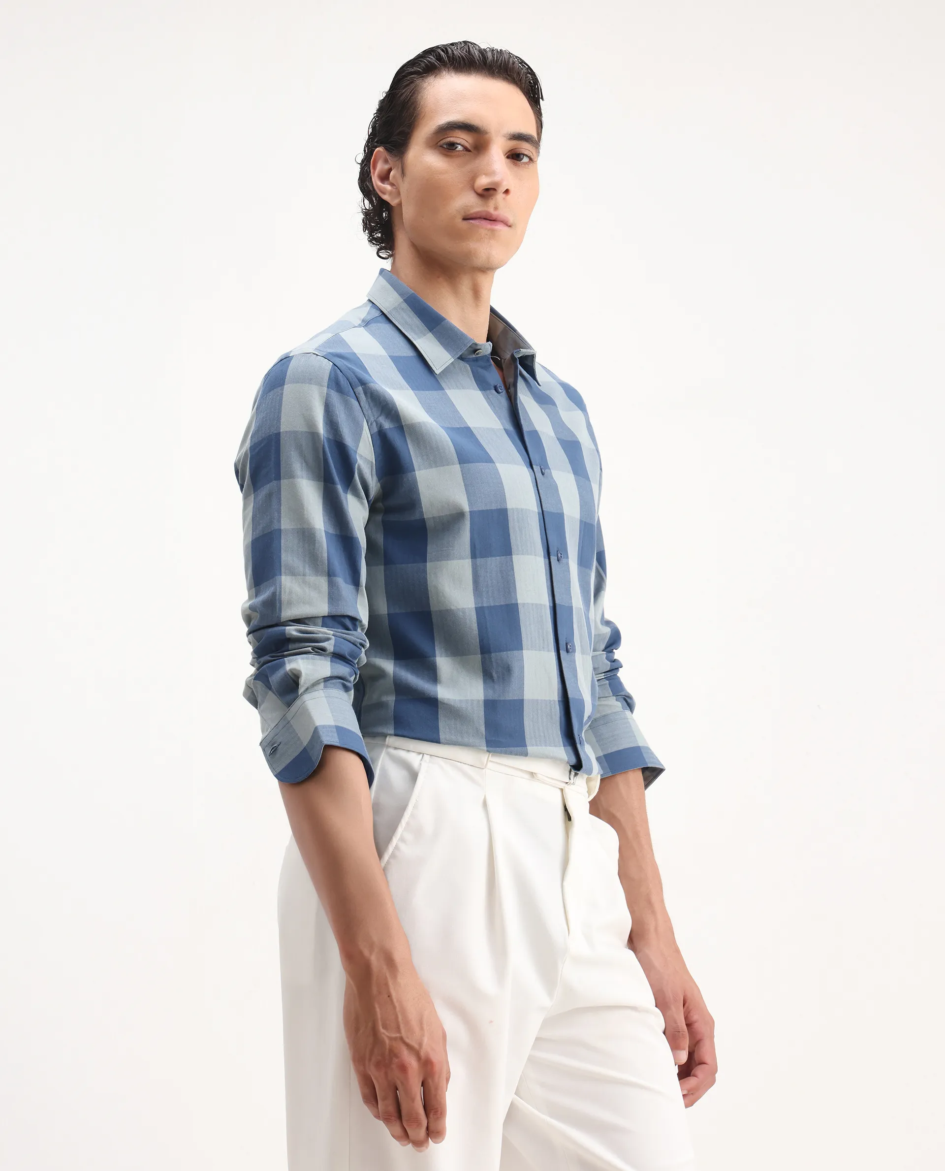 Rare Rabbit Men's Amos Blue Cotton Checked Print Regular Fit Full Sleeve Collared Shirt - Image 4