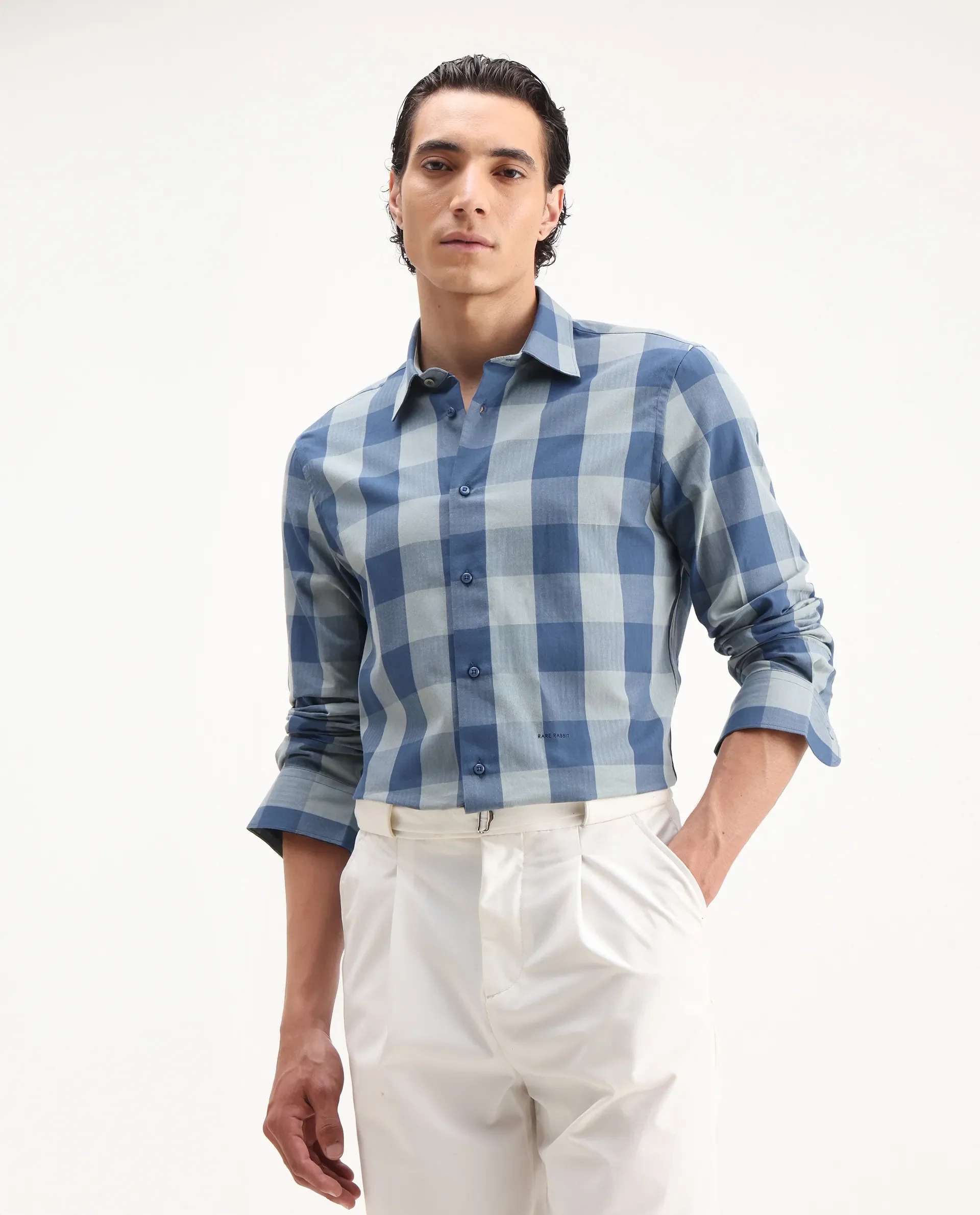 Rare Rabbit Men's Amos Blue Cotton Checked Print Regular Fit Full Sleeve Collared Shirt - Image 5