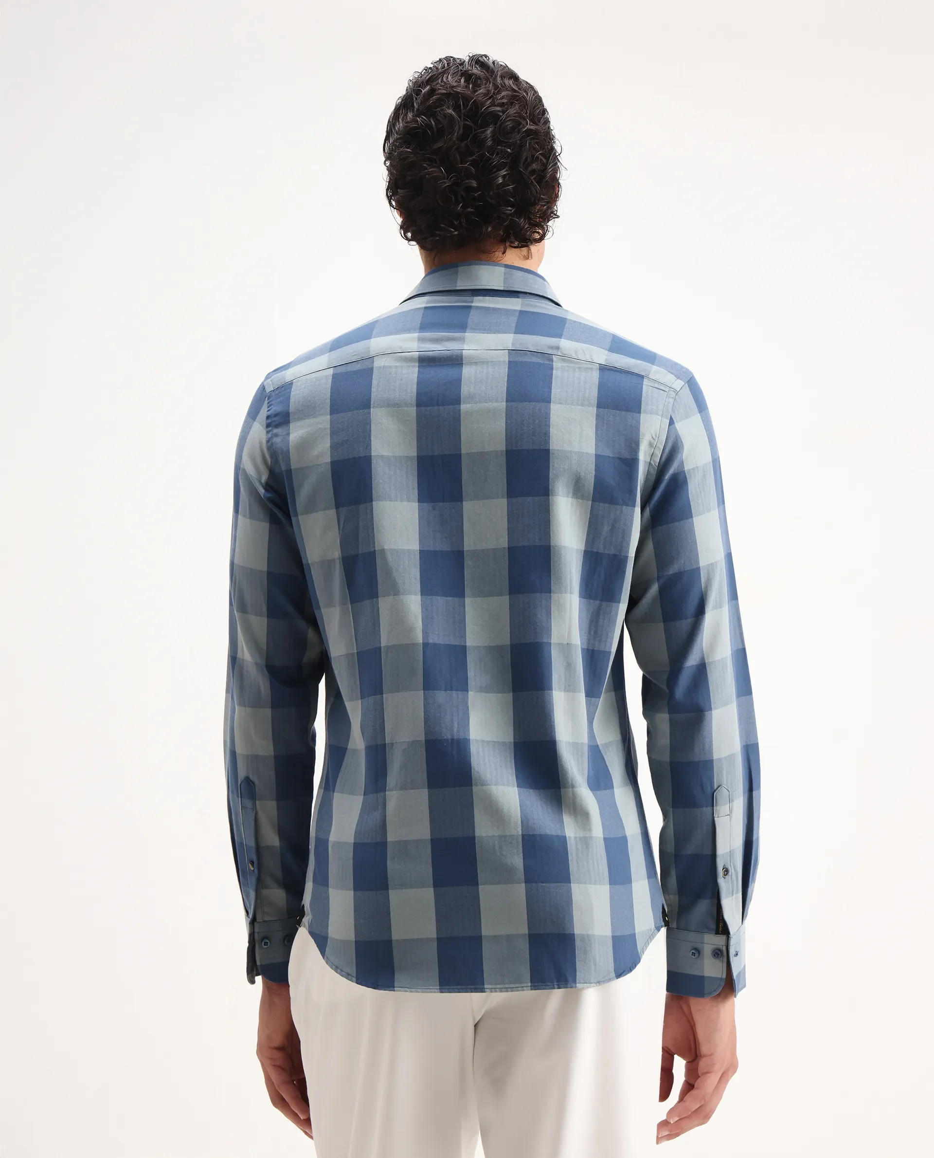 Rare Rabbit Men's Amos Blue Cotton Checked Print Regular Fit Full Sleeve Collared Shirt - Image 6