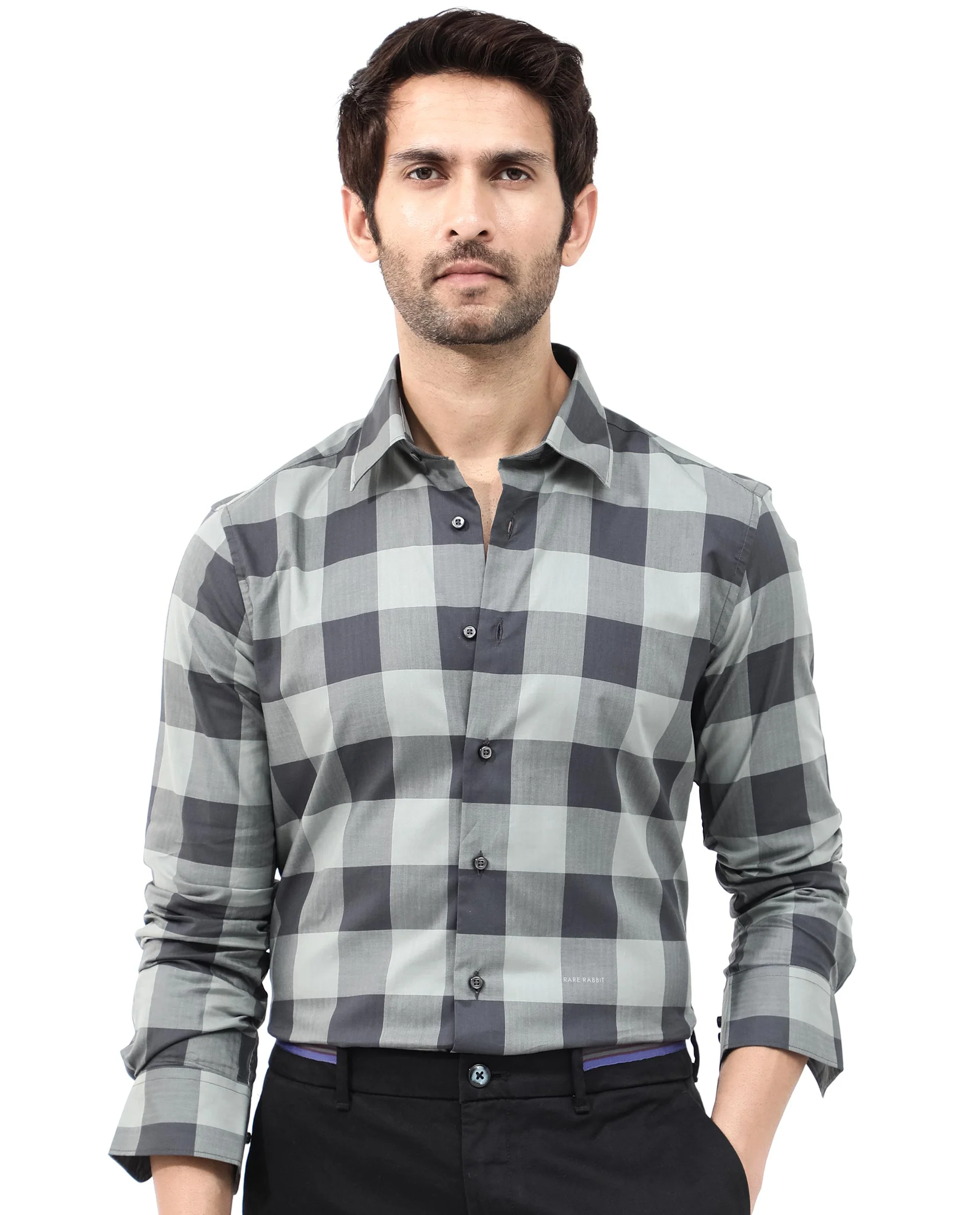 Rare Rabbit Men's Amos Grey Cotton Checked Print Regular Fit Full Sleeve Collared Shirt - Image 2