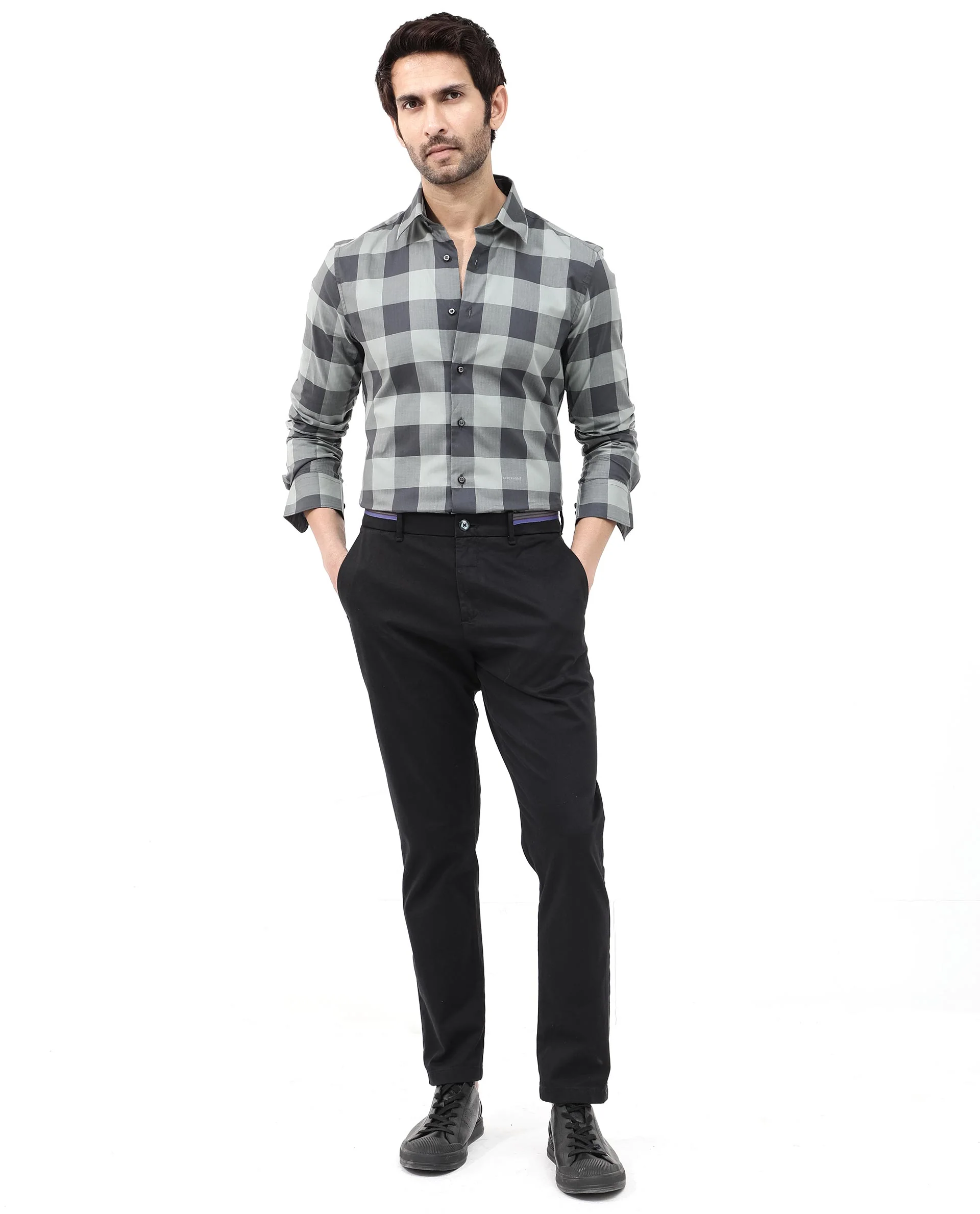 Rare Rabbit Men's Amos Grey Cotton Checked Print Regular Fit Full Sleeve Collared Shirt - Image 3