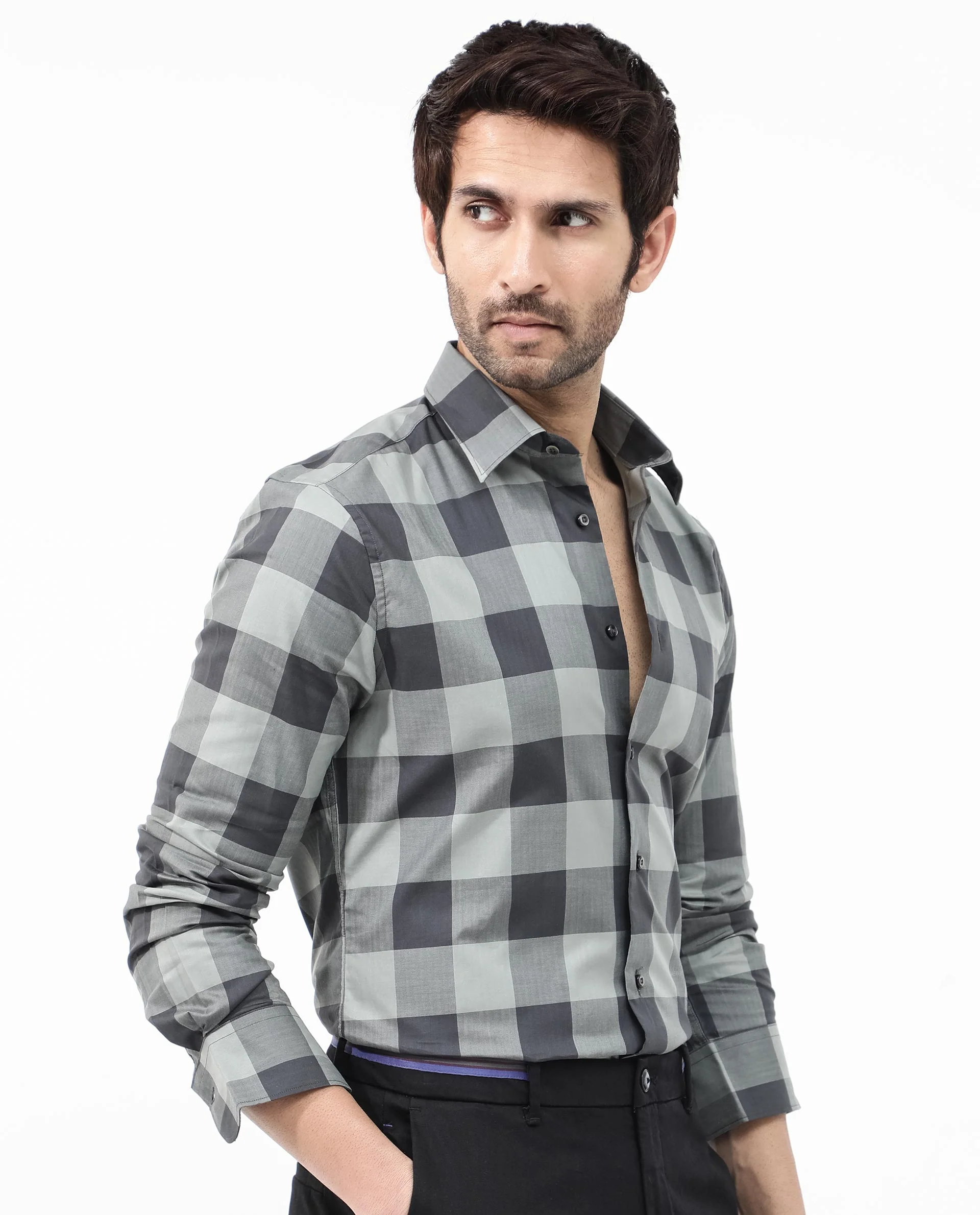 Rare Rabbit Men's Amos Grey Cotton Checked Print Regular Fit Full Sleeve Collared Shirt - Image 6