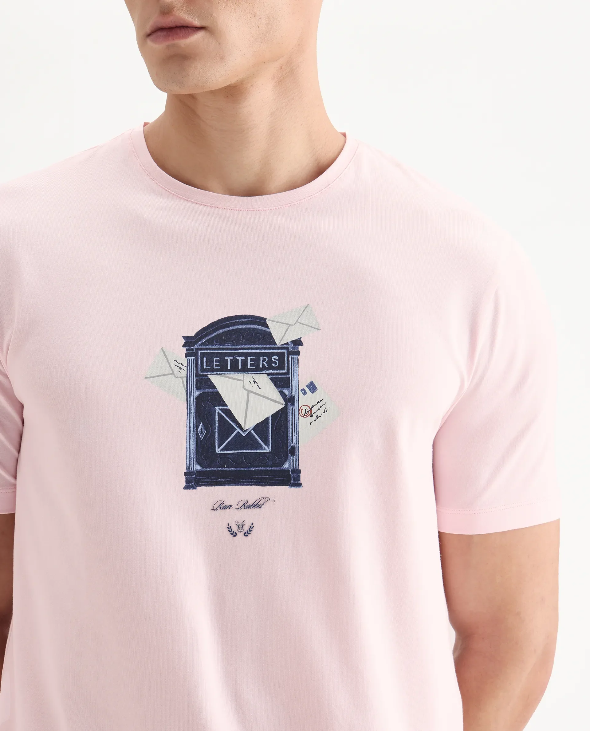 Rare Rabbit Men's Amos Pastel Pink Cotton Blend Graphic Print Regular Fit Half Sleeve Crew Neck T-Shirt - Image 3
