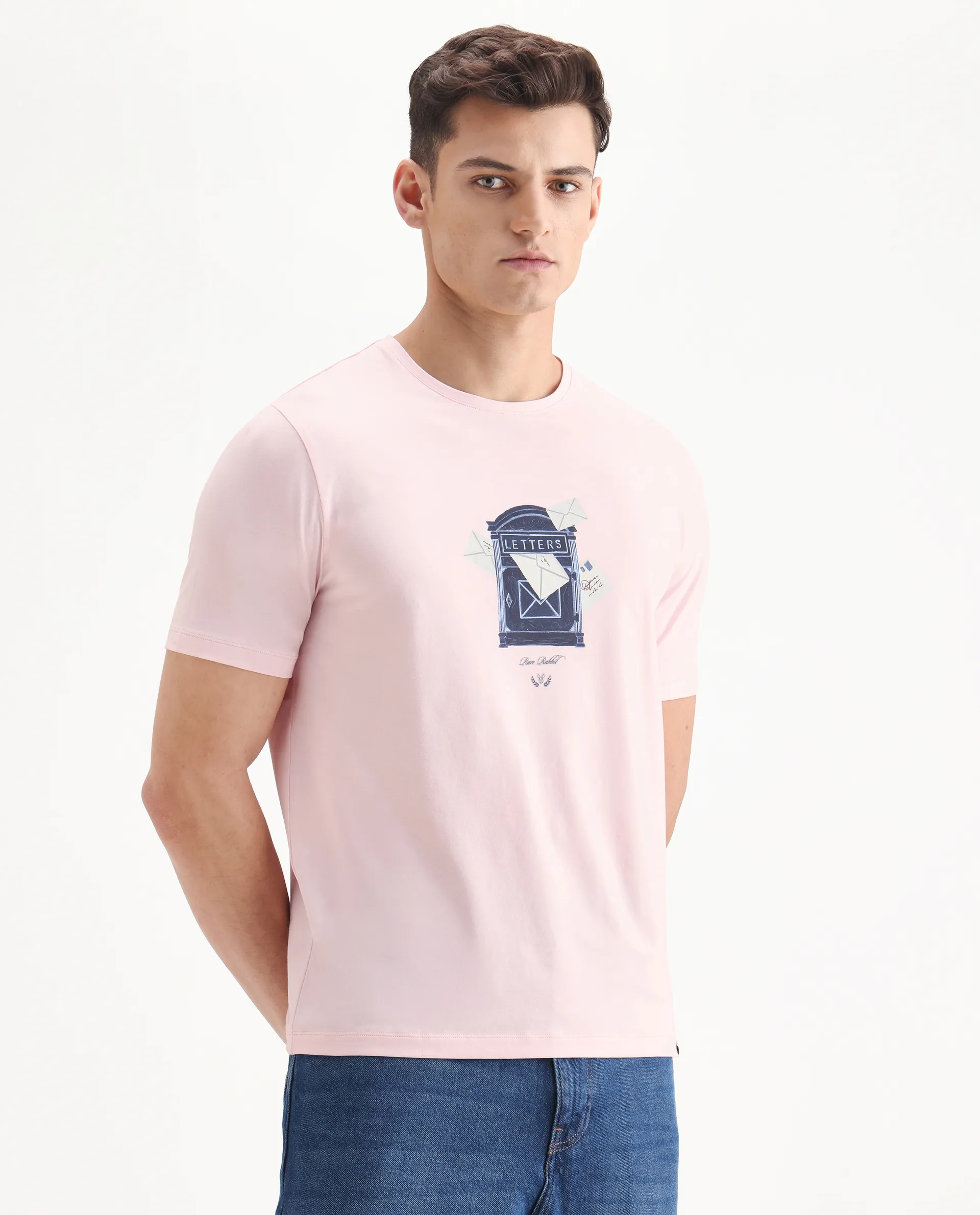 Rare Rabbit Men's Amos Pastel Pink Cotton Blend Graphic Print Regular Fit Half Sleeve Crew Neck T-Shirt - Image 4