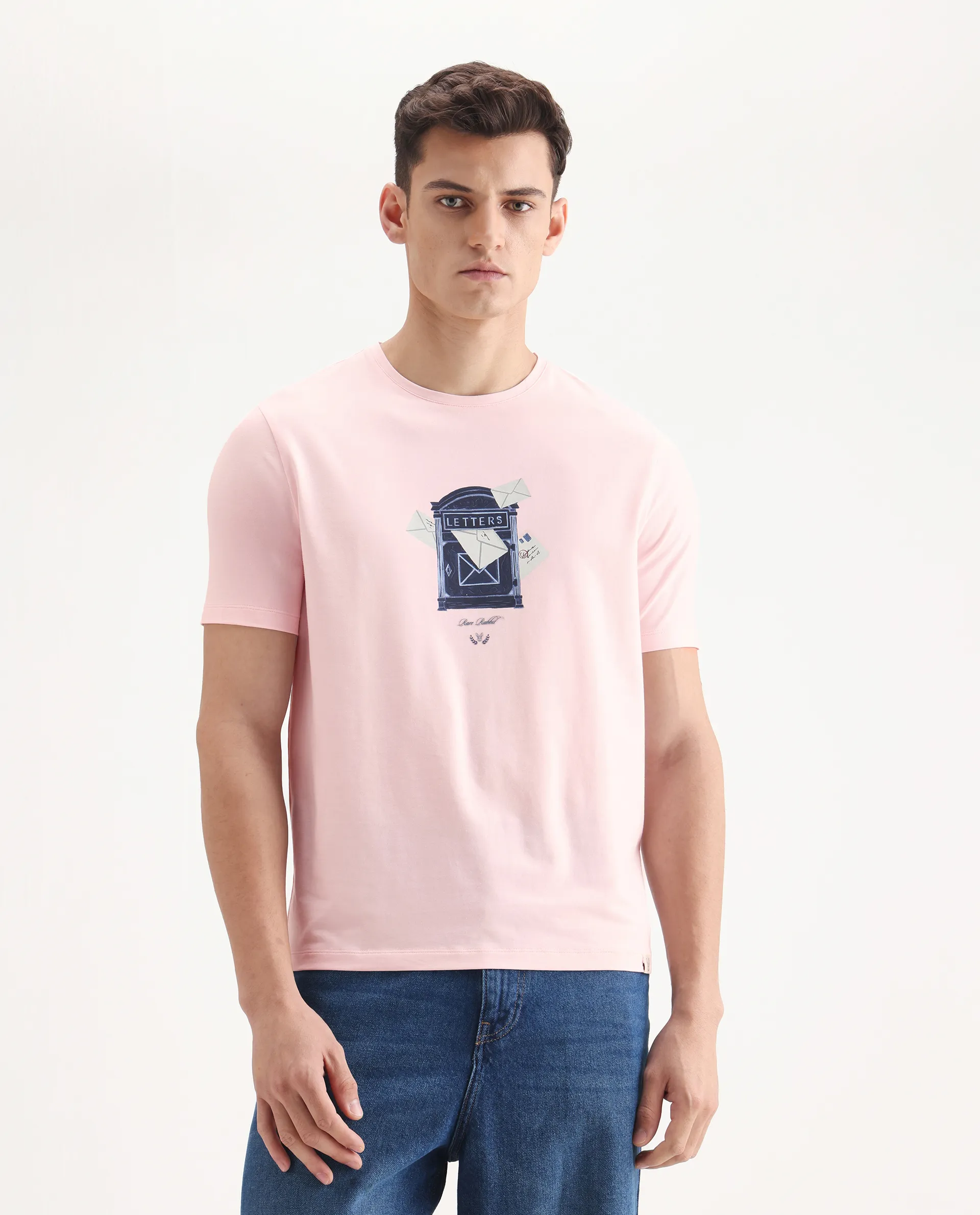 Rare Rabbit Men's Amos Pastel Pink Cotton Blend Graphic Print Regular Fit Half Sleeve Crew Neck T-Shirt - Image 5