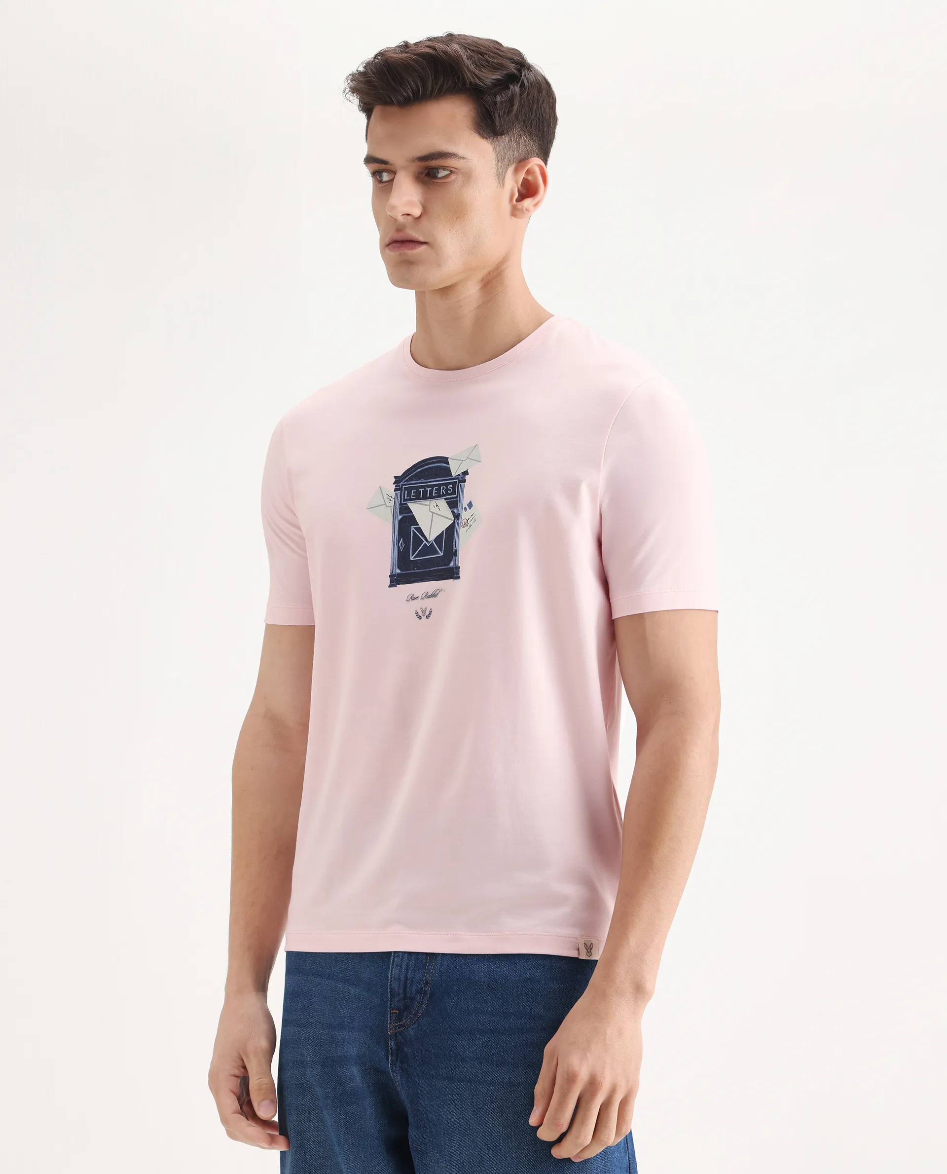 Rare Rabbit Men's Amos Pastel Pink Cotton Blend Graphic Print Regular Fit Half Sleeve Crew Neck T-Shirt - Image 6