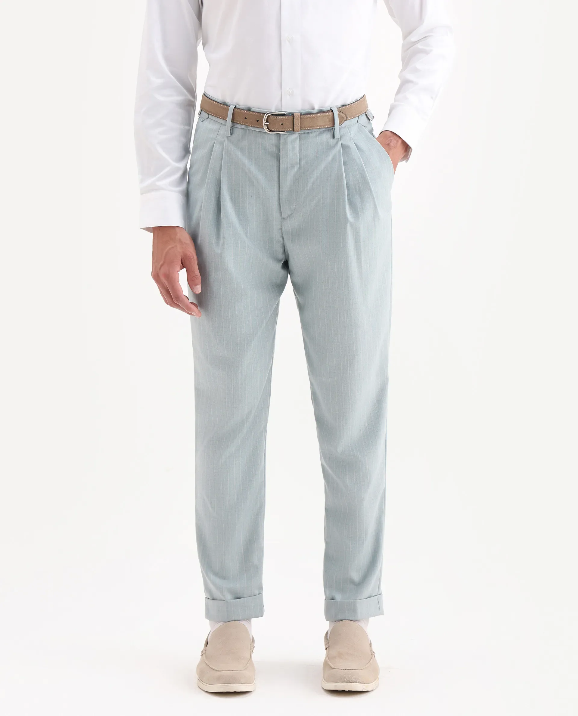 Rare Rabbit Men's Amosy Light Blue Cotton Striped Print Relaxed Fit Trouser - Image 2