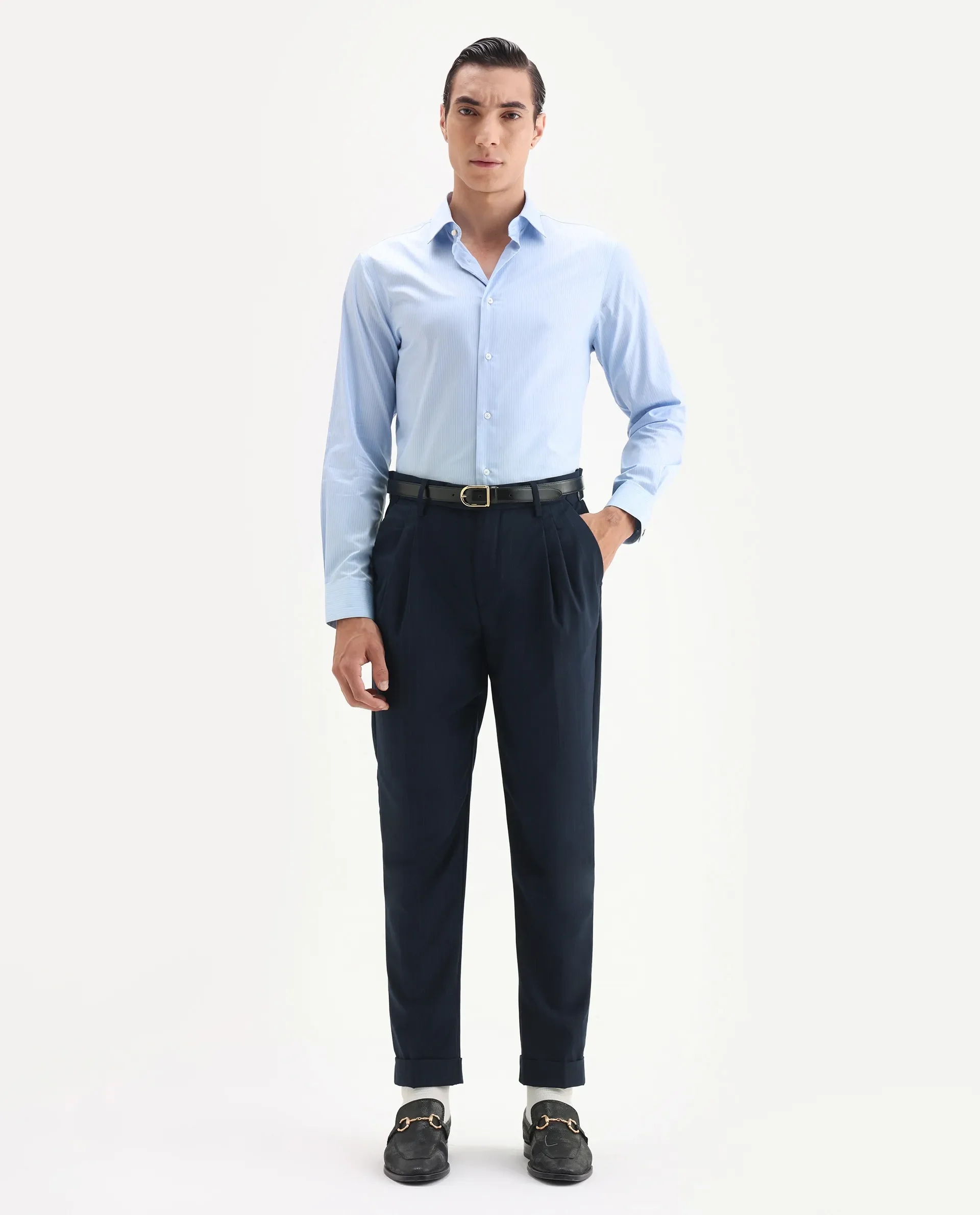Rare Rabbit Men's Amosy Navy Cotton Striped Print Relaxed Fit Trouser