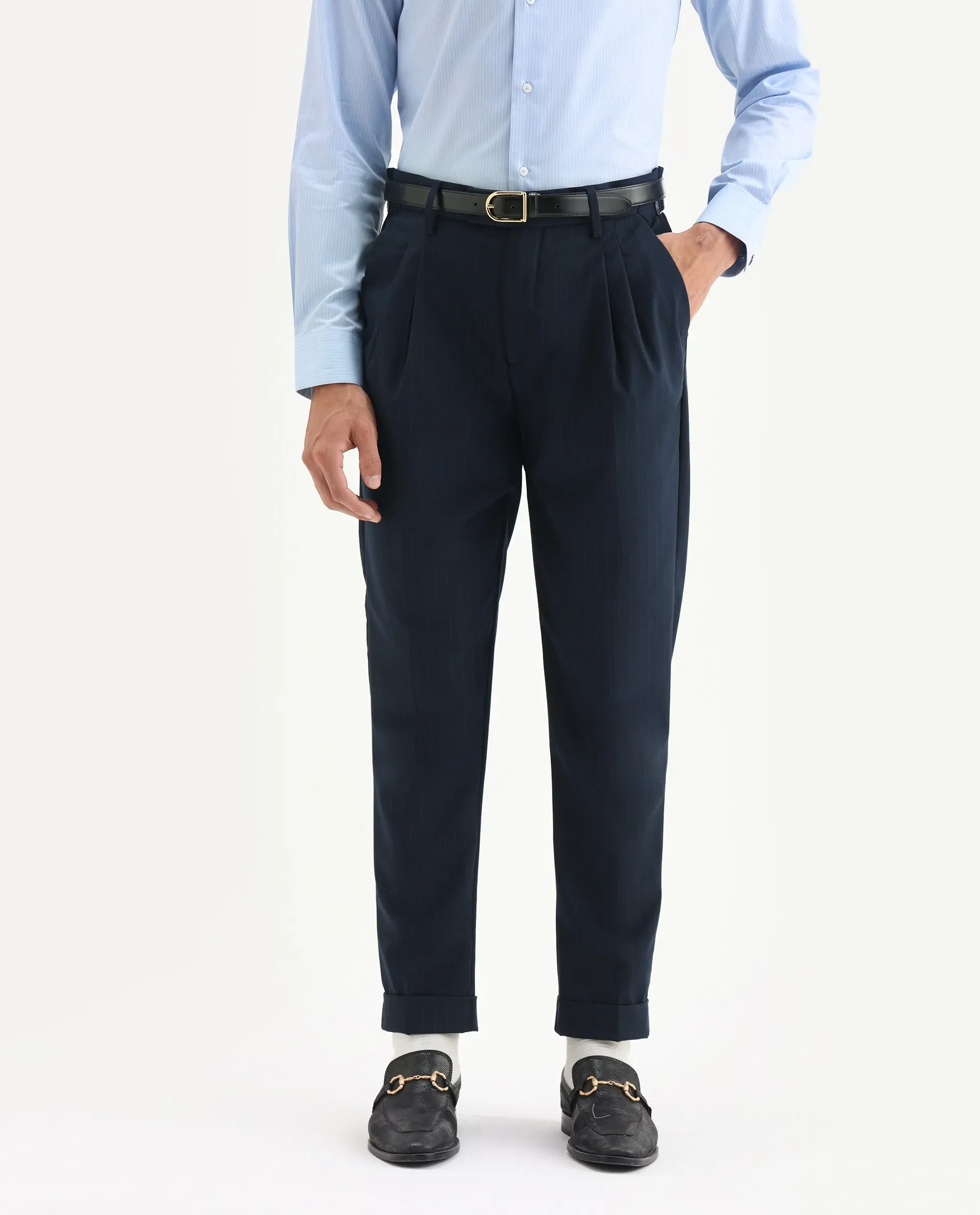 Rare Rabbit Men's Amosy Navy Cotton Striped Print Relaxed Fit Trouser - Image 2
