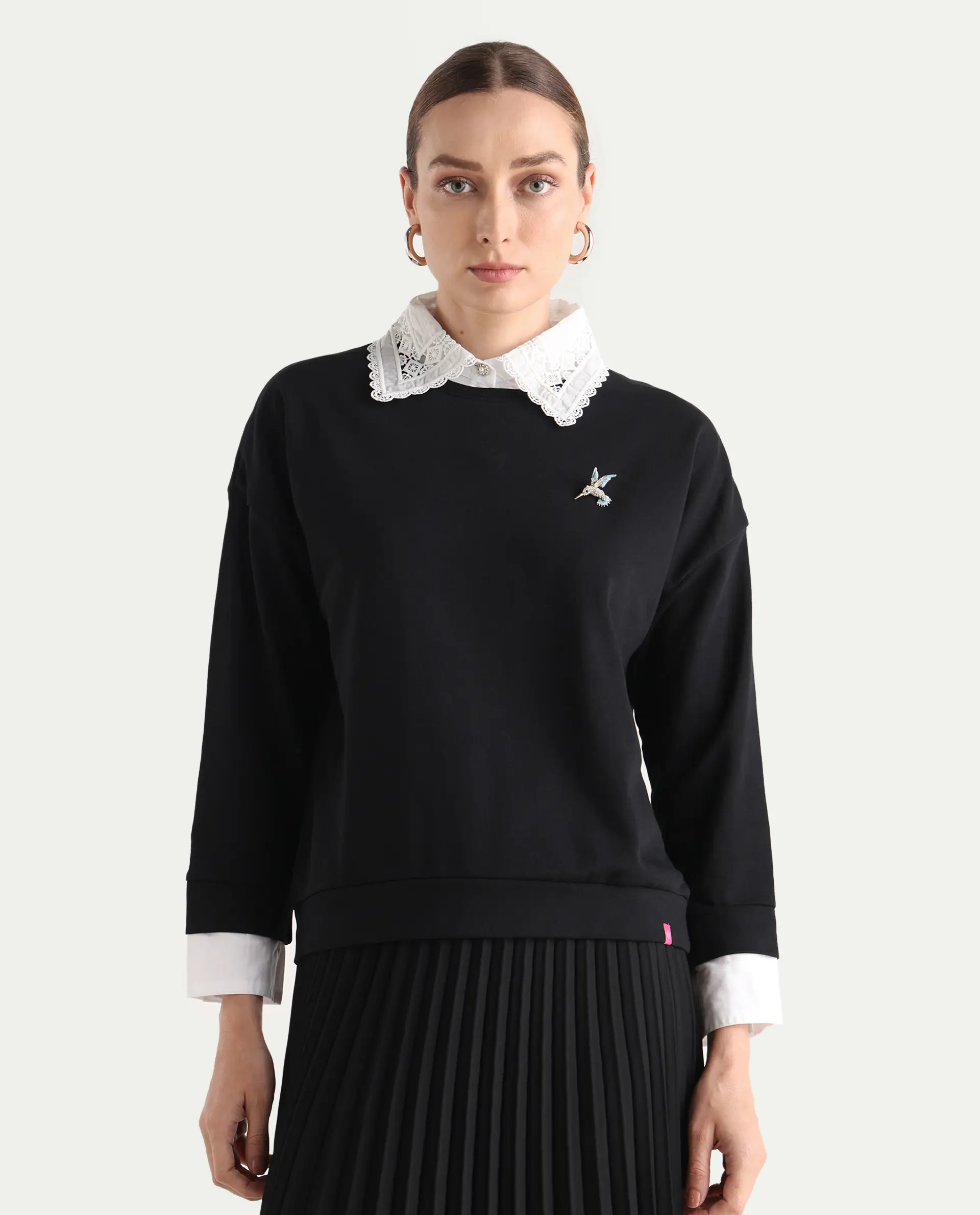 Rareism Women's Cotton Blend Spread Collar Dyed Relaxed Fit Sweatshirt - Image 3