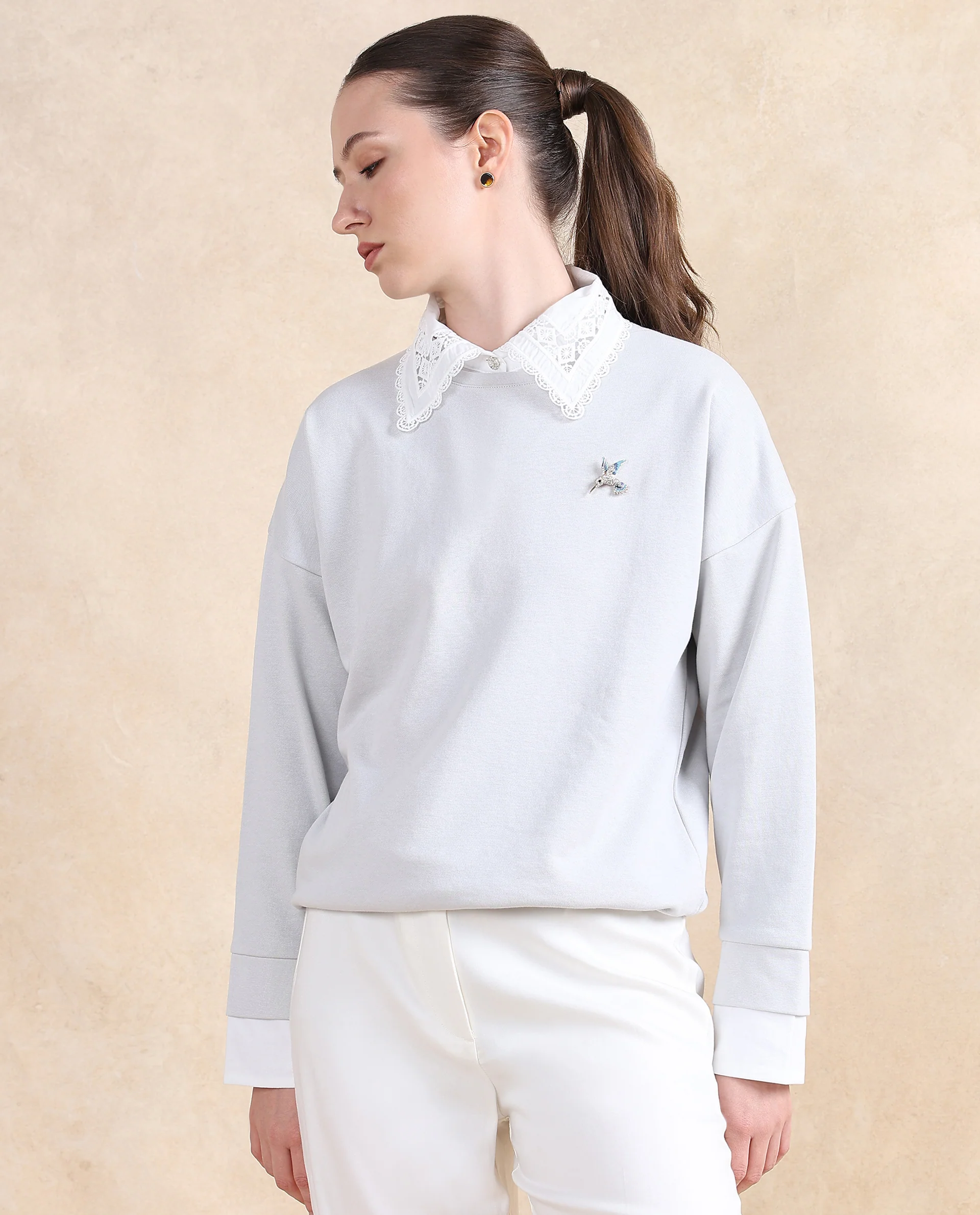 Rareism Women's Amour Light Grey Cotton Blend Drop Collar Dyed Relaxed Fit Sweatshirt - Image 3