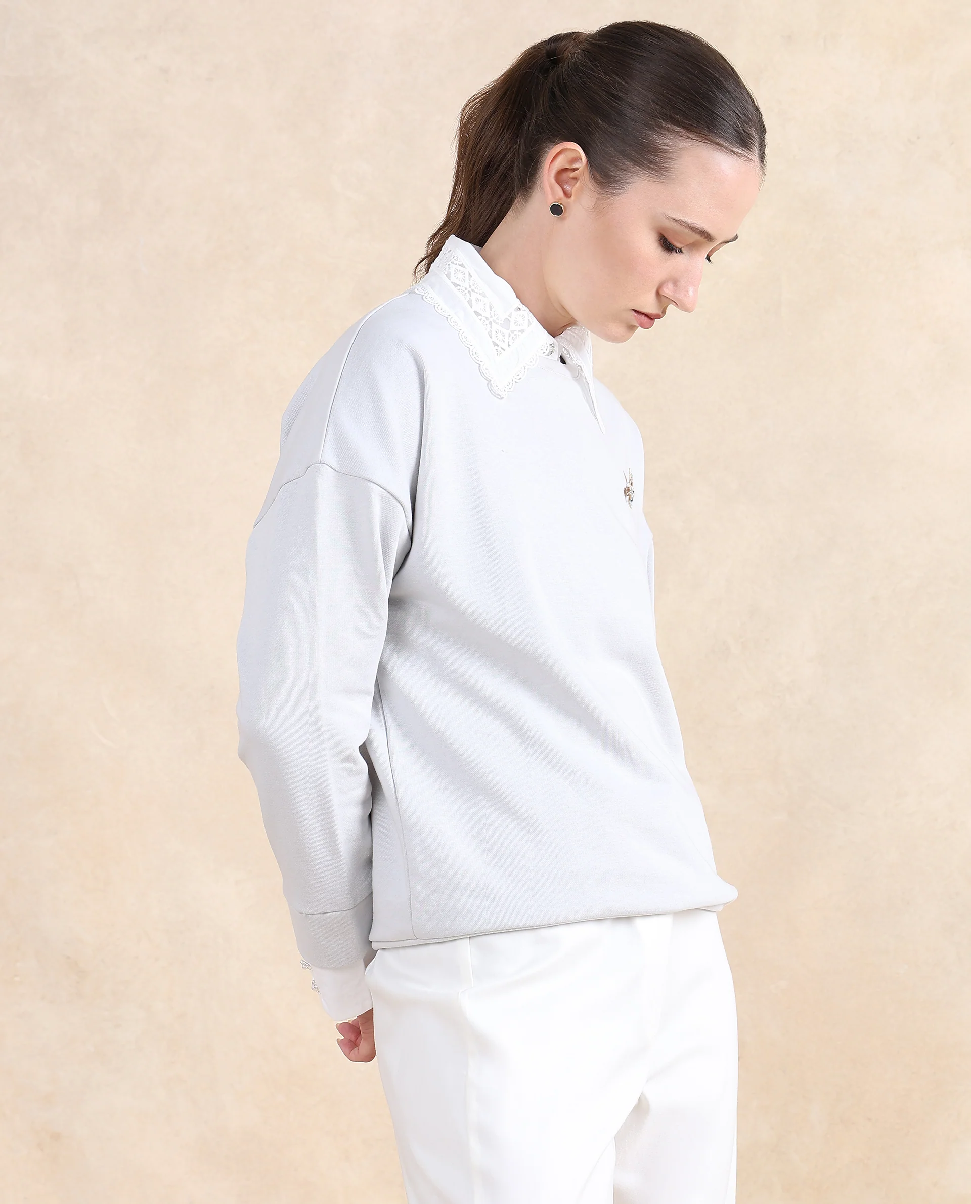 Rareism Women's Amour Light Grey Cotton Blend Drop Collar Dyed Relaxed Fit Sweatshirt - Image 4
