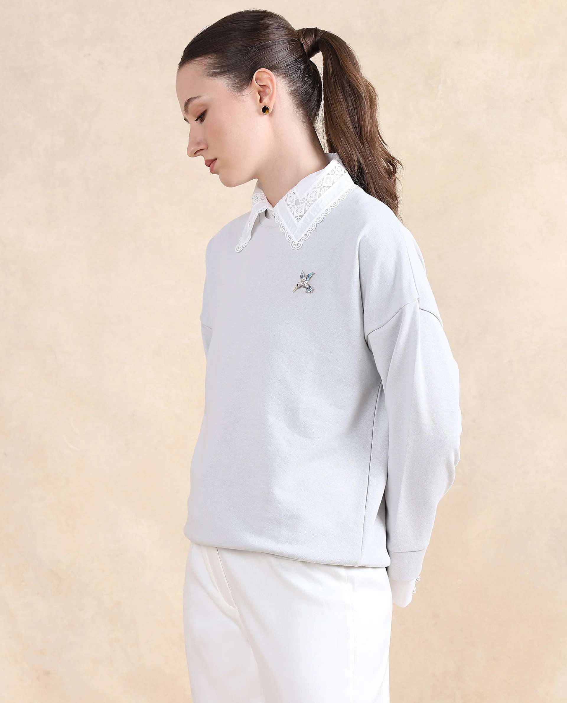 Rareism Women's Amour Light Grey Cotton Blend Drop Collar Dyed Relaxed Fit Sweatshirt - Image 5