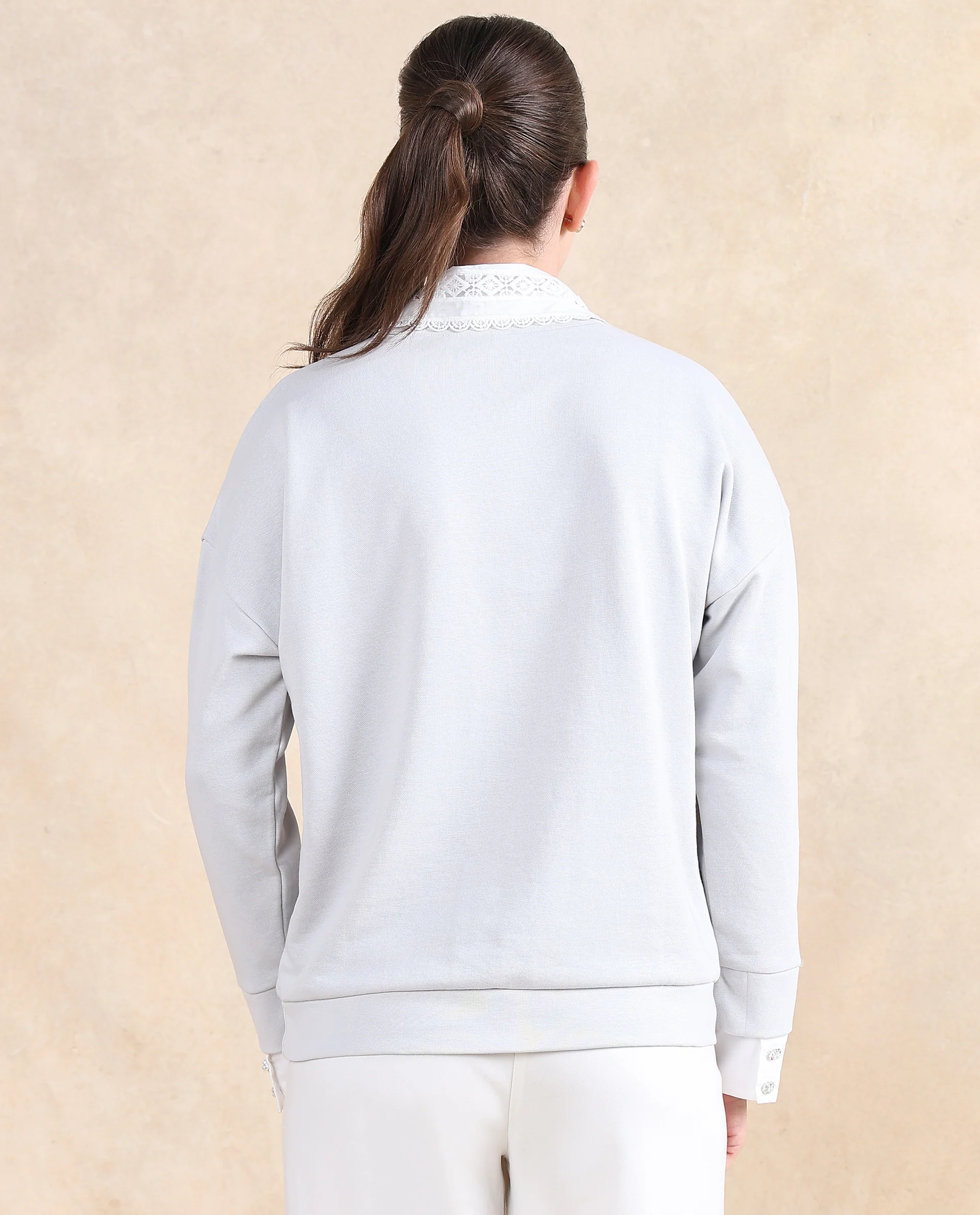 Rareism Women's Amour Light Grey Cotton Blend Drop Collar Dyed Relaxed Fit Sweatshirt - Image 6