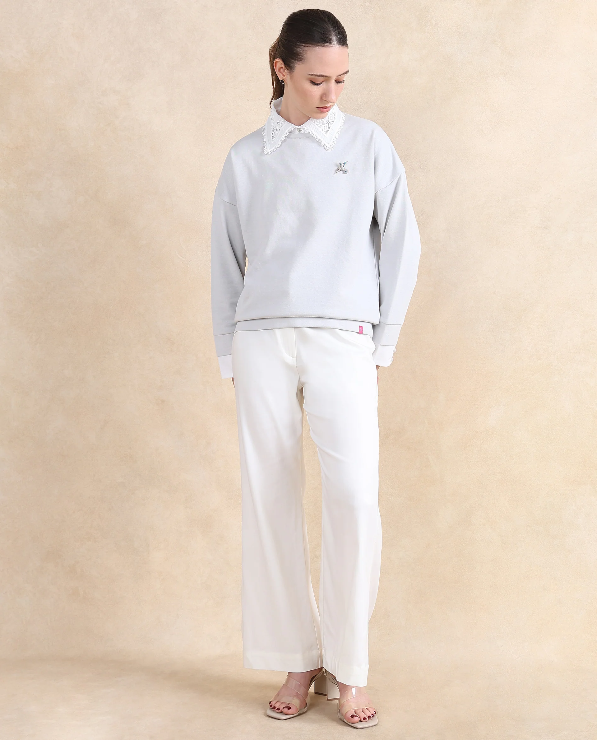 Rareism Women's Amour Light Grey Cotton Blend Drop Collar Dyed Relaxed Fit Sweatshirt - Image 7