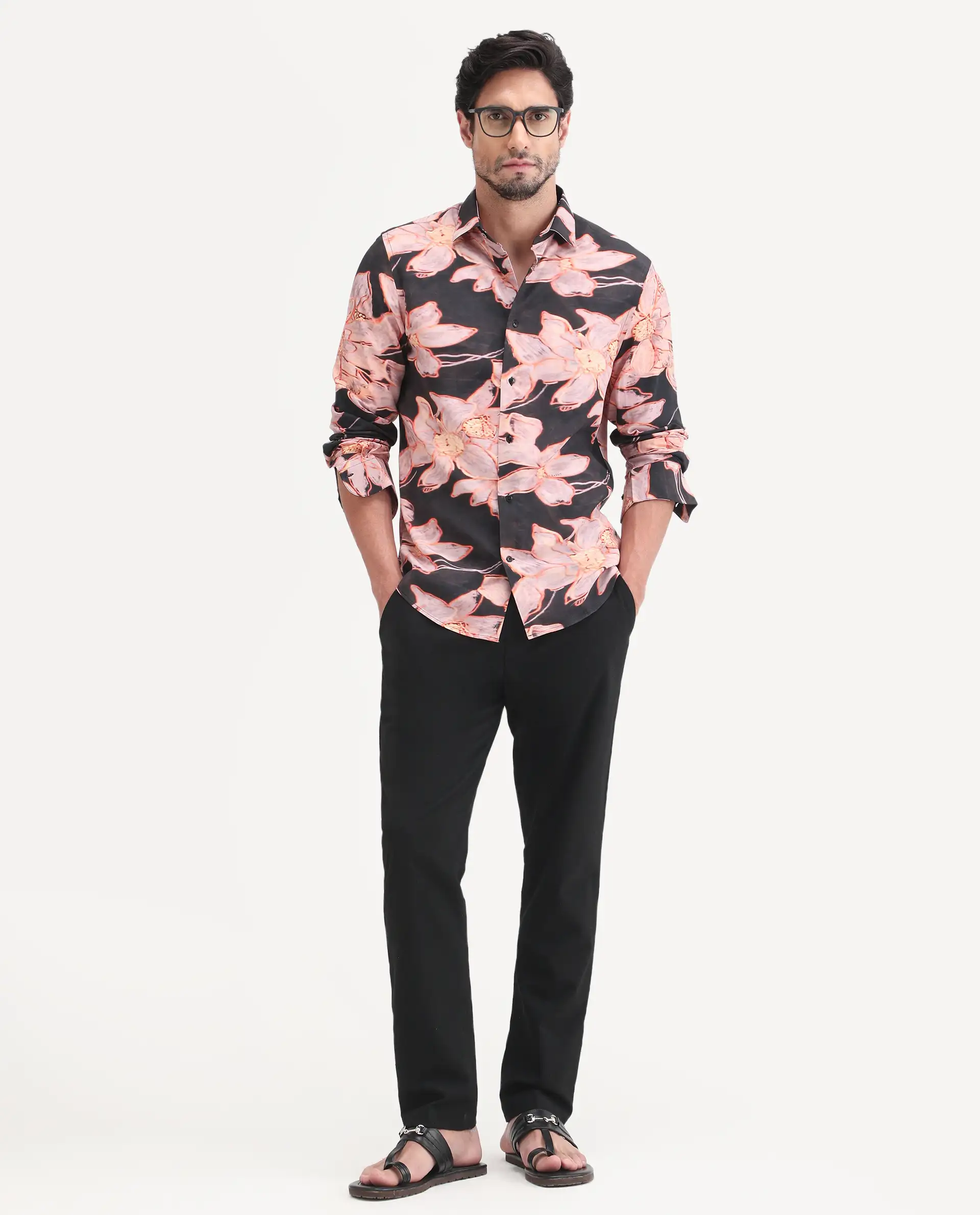 Rare Rabbit Men's Amra Black Viscose Fabric Full Sleeve Regular Fit Floral Print Shirt - Image 2