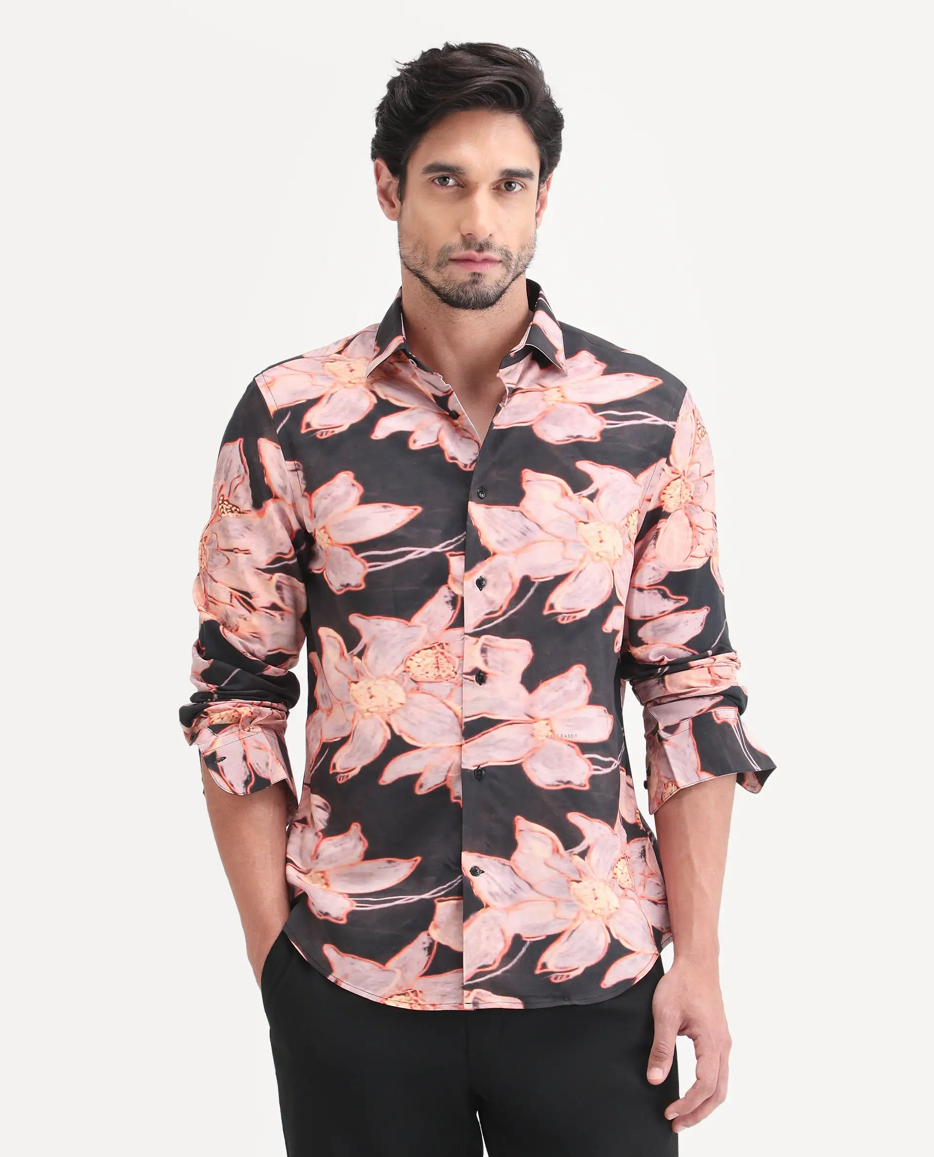 Rare Rabbit Men's Amra Black Viscose Fabric Full Sleeve Regular Fit Floral Print Shirt - Image 4