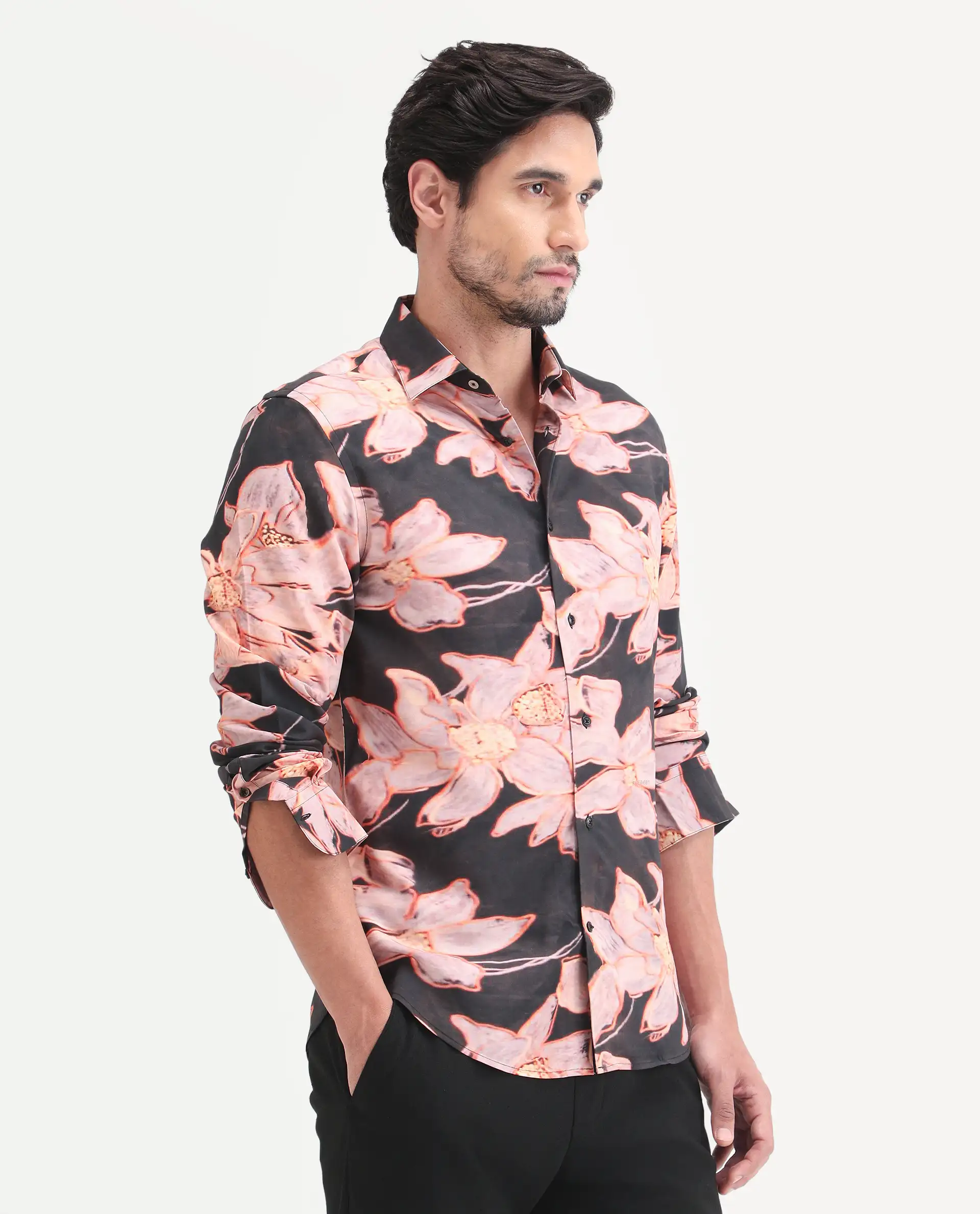 Rare Rabbit Men's Amra Black Viscose Fabric Full Sleeve Regular Fit Floral Print Shirt - Image 5