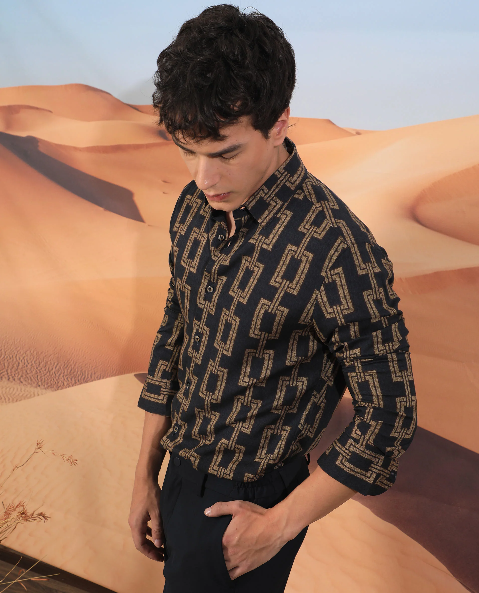 Rare Rabbit Men's Amster Grey Viscose Geometric Print Regular Fit Full Sleeve Collared Shirt - Image 6