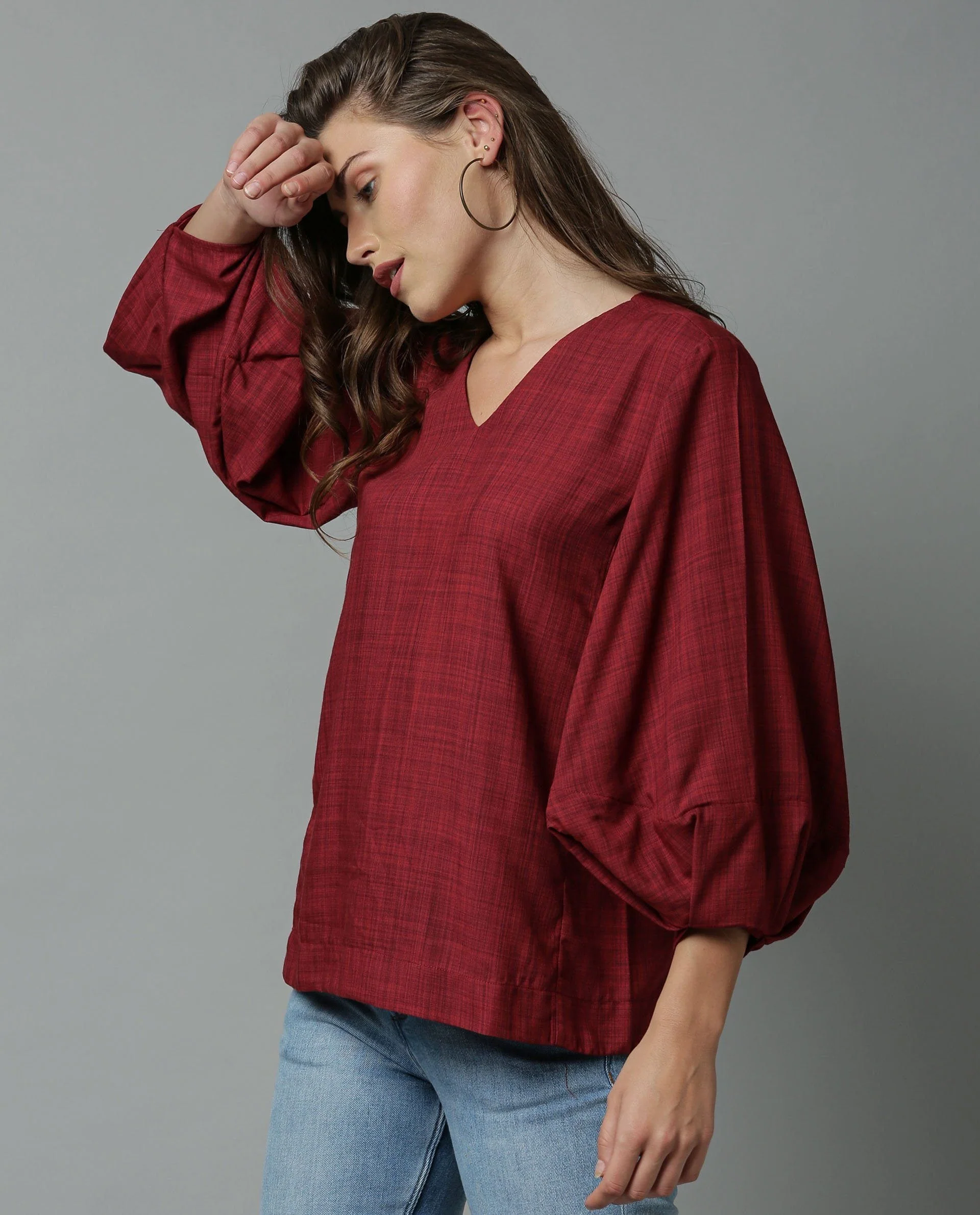 Rareism Women Amuse Maroon Top Full Sleeves Solid - Image 2